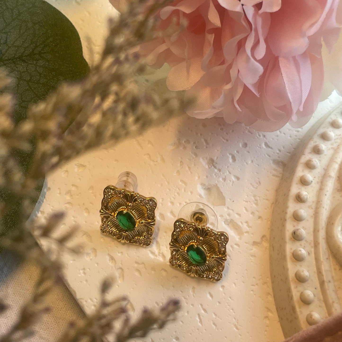 Vintage Gold Plated Elegant Green oval stone Flower Earrings | rhinestones encrusted Studs Earrings | Square Geometry Rhombus Earrings