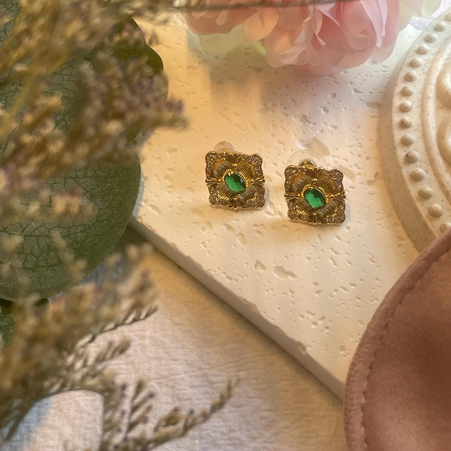 Vintage Gold Plated Elegant Green oval stone Flower Earrings | rhinestones encrusted Studs Earrings | Square Geometry Rhombus Earrings