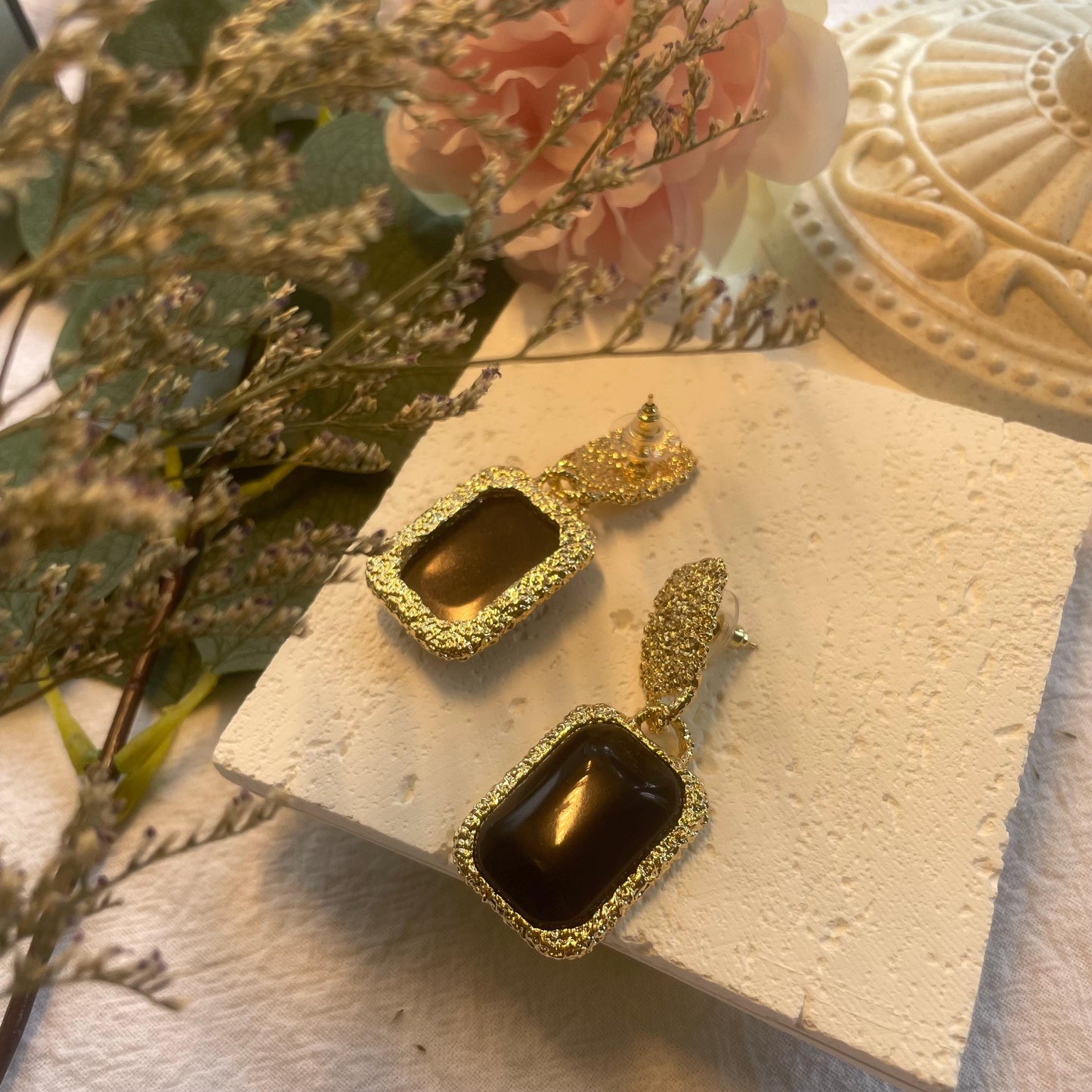 Vintage Black Hammered Gold Drop Earrings, Dangle Square Earrings, Rectangular EarringsGold Plated Drop Earrings, Boho Geometric Earrings