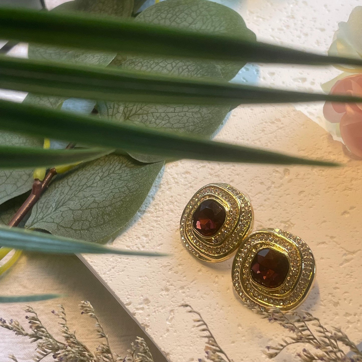 Vintage Oval synthetic amethyst gold earrings, large amethyst rhinestones earrings, gold February birthstone gift, February gift for her
