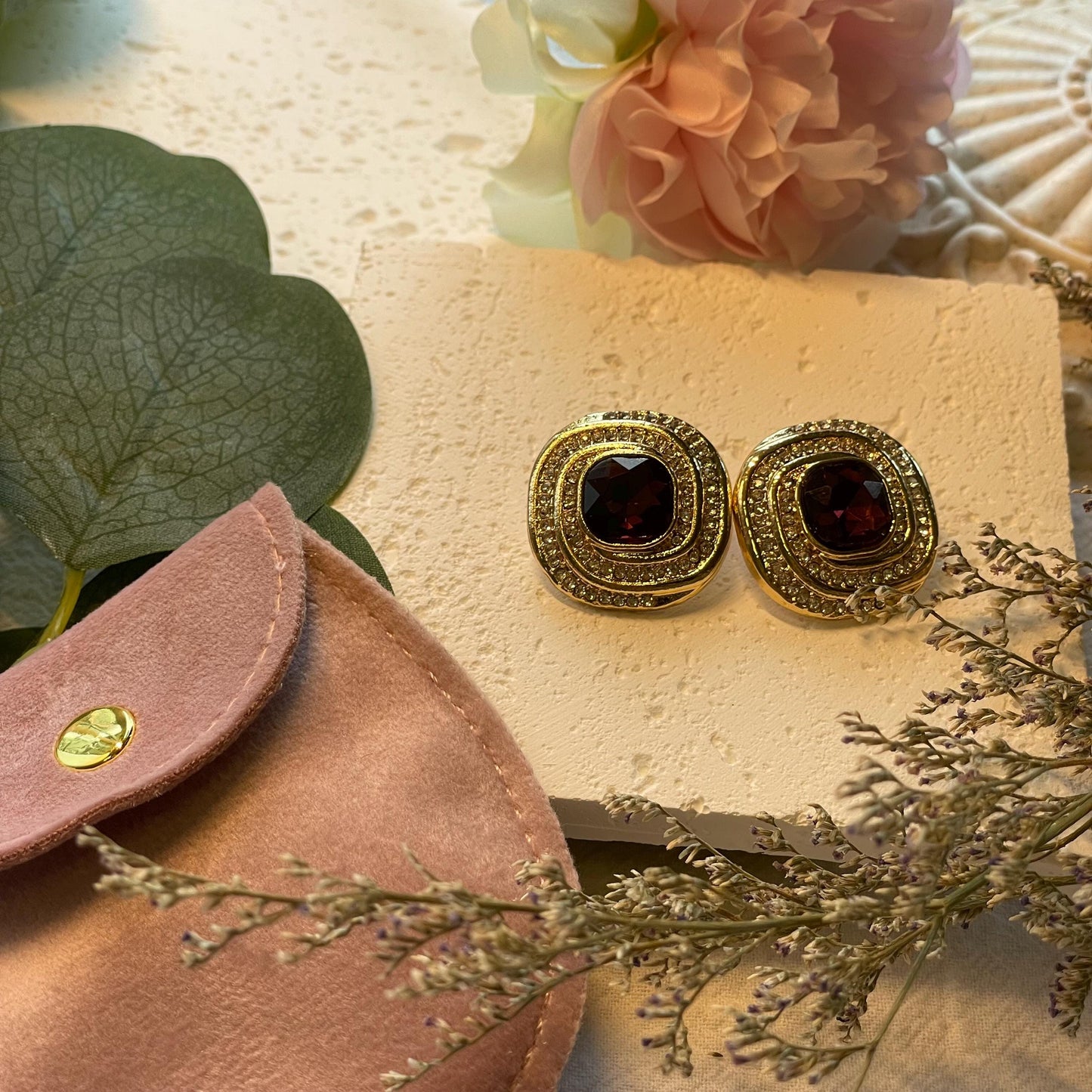 Vintage Oval synthetic amethyst gold earrings, large amethyst rhinestones earrings, gold February birthstone gift, February gift for her