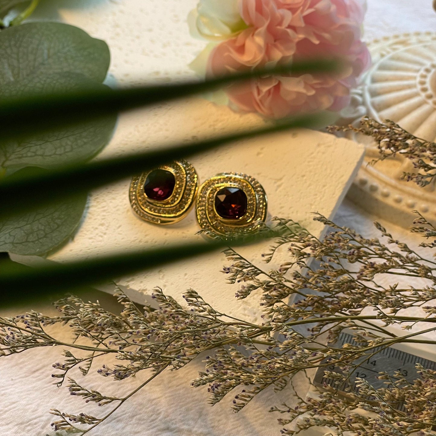 Vintage Oval synthetic amethyst gold earrings, large amethyst rhinestones earrings, gold February birthstone gift, February gift for her