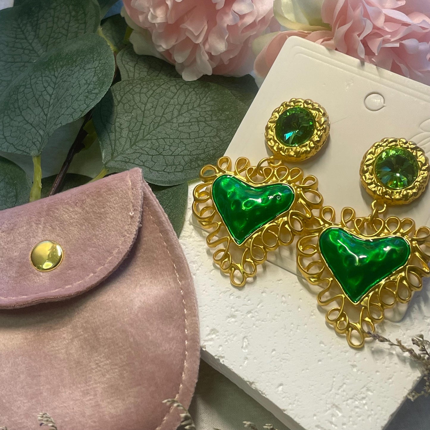 Heart Earring Gold Drop Earrings Statement Dangle Earrings Green Studs | Heart Pendant Earrings | Gold Boho Jewelry | Elegant Ethnic Style