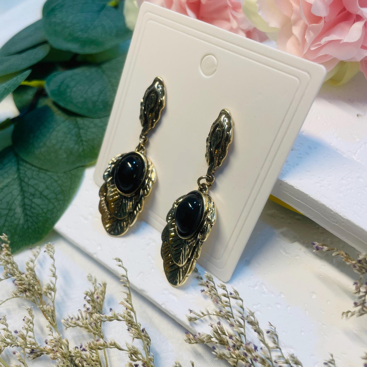 Gothic Black Stone Leaf Earrings, Nature Inspired Drop Earrings, round Onyx marquise black rutilated quartz Moissanite Dangle Earrings gift