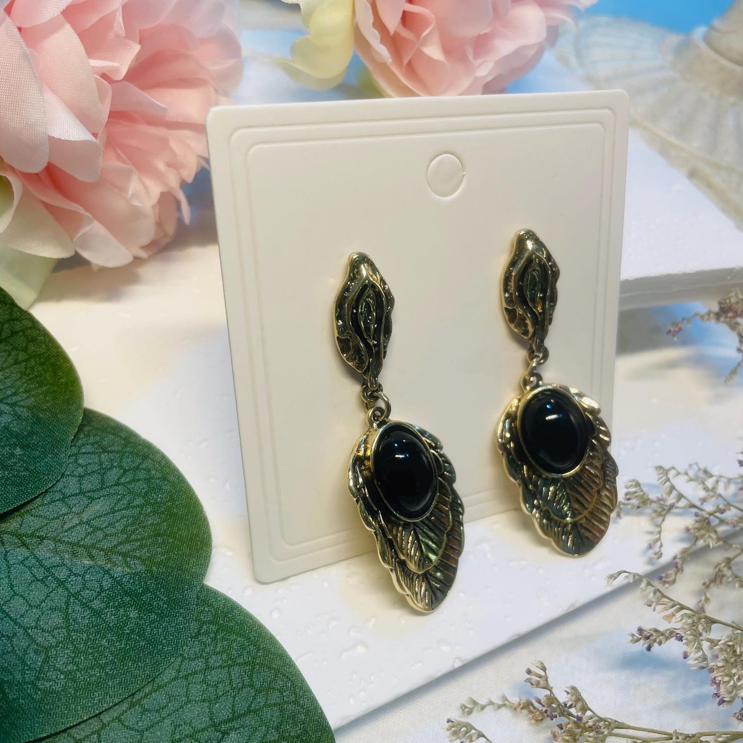 Gothic Black Stone Leaf Earrings, Nature Inspired Drop Earrings, round Onyx marquise black rutilated quartz Moissanite Dangle Earrings gift