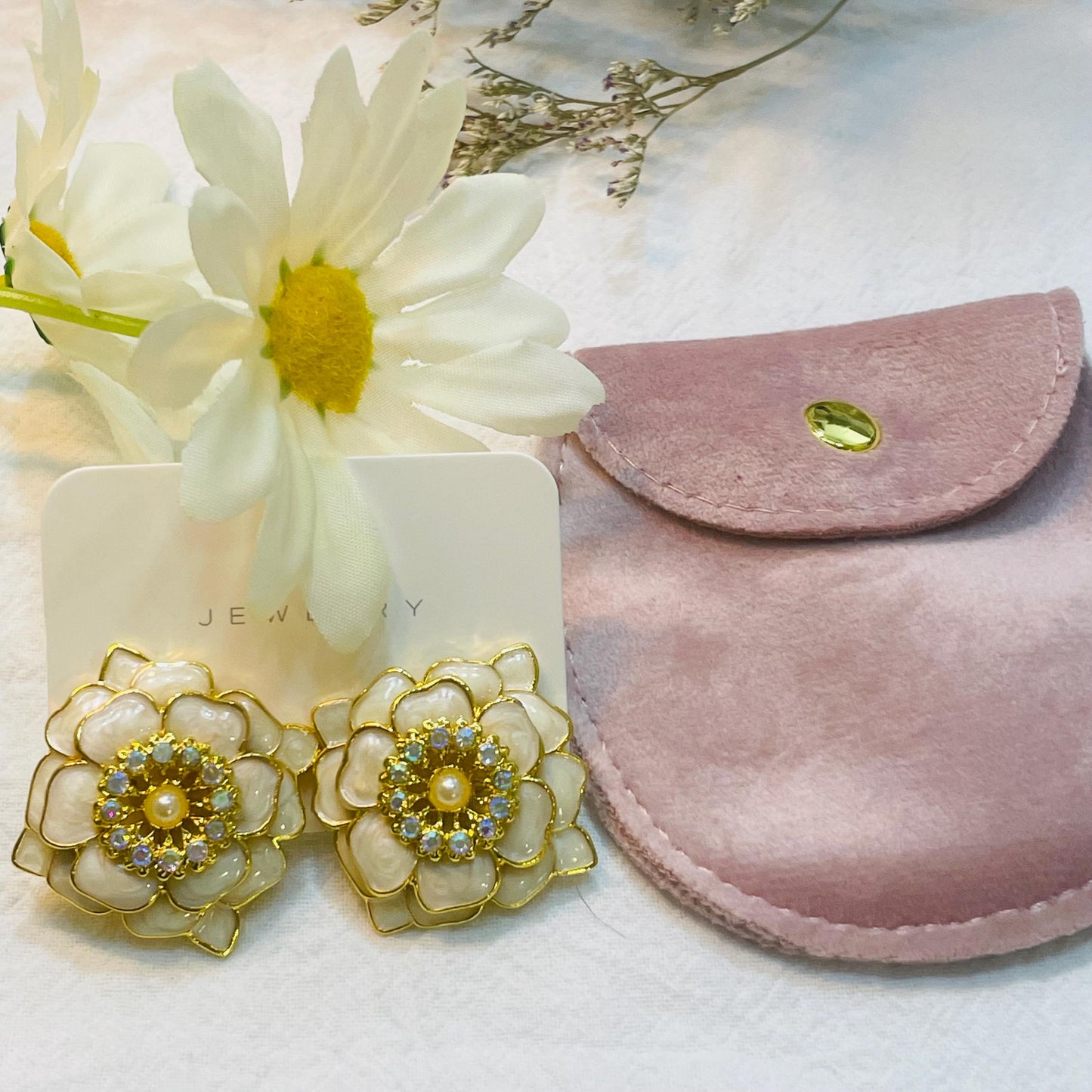 Gold tone White Camellia Flower Studs Earrings, big flower faux Pearl Studs, rhinestones Studs Elegant Spring Floral Jewelry Gift for Her