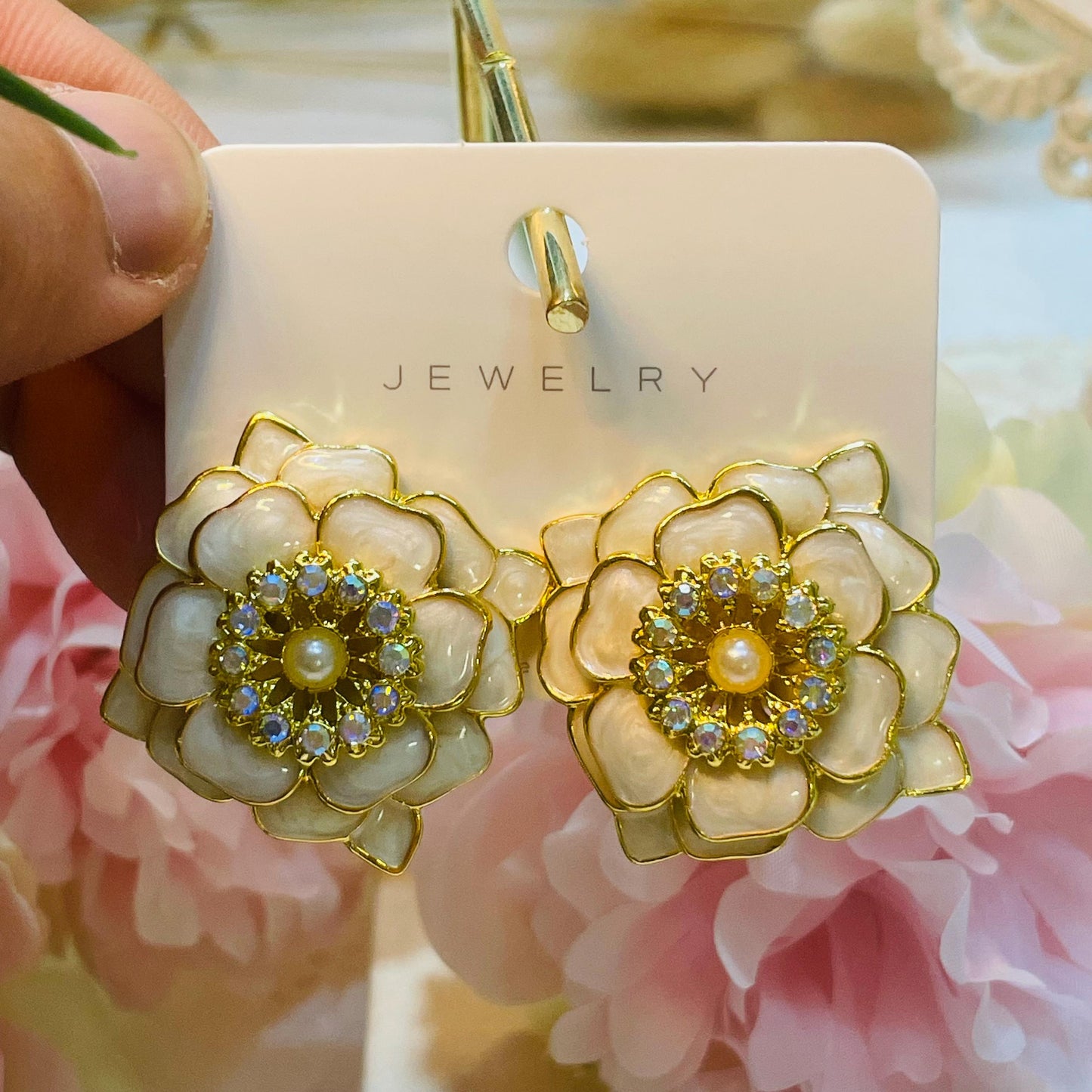 Gold tone White Camellia Flower Studs Earrings, big flower faux Pearl Studs, rhinestones Studs Elegant Spring Floral Jewelry Gift for Her