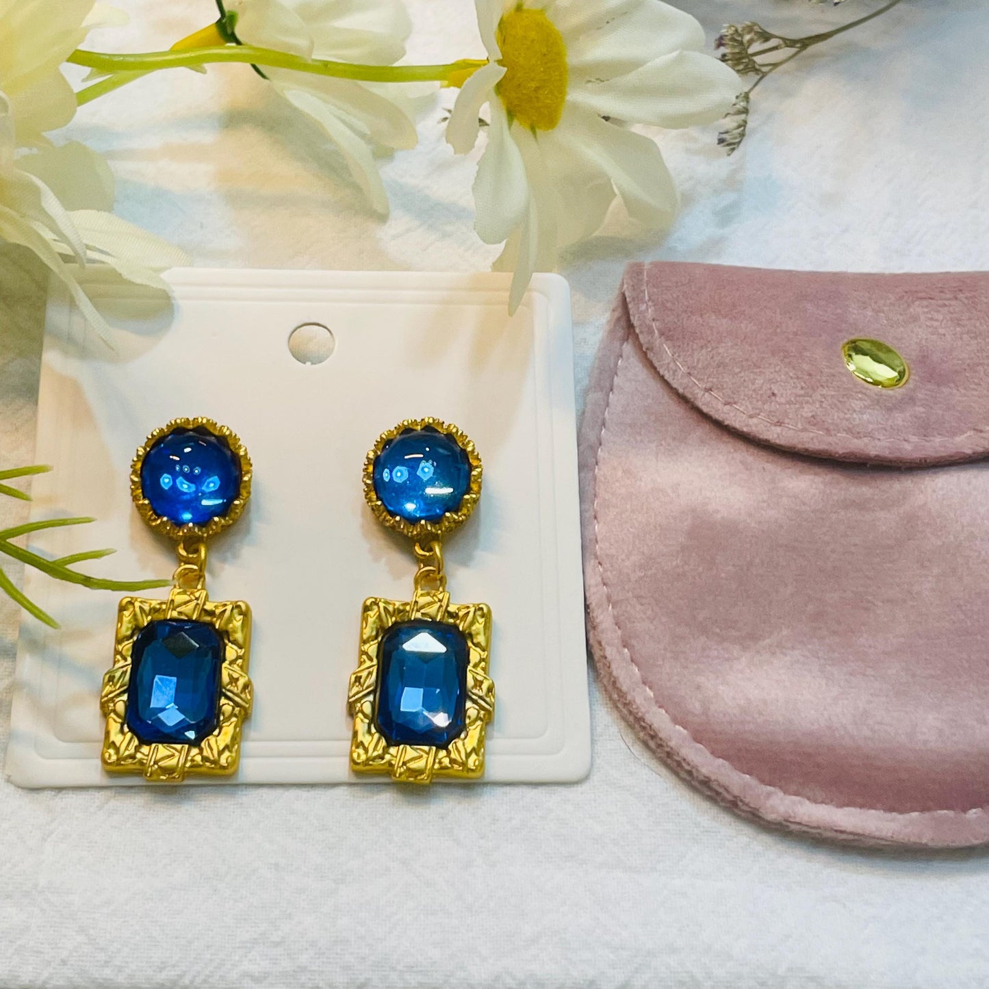 Ocean Blue Gemstone Dangle Earrings | Blue Glass Round drop earrings, Geometrical Bohemian Revival Gold Tone Statement Earrings gift for her