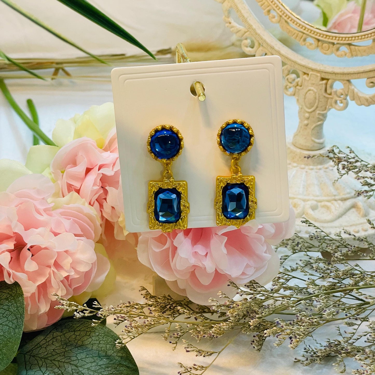Ocean Blue Gemstone Dangle Earrings | Blue Glass Round drop earrings, Geometrical Bohemian Revival Gold Tone Statement Earrings gift for her
