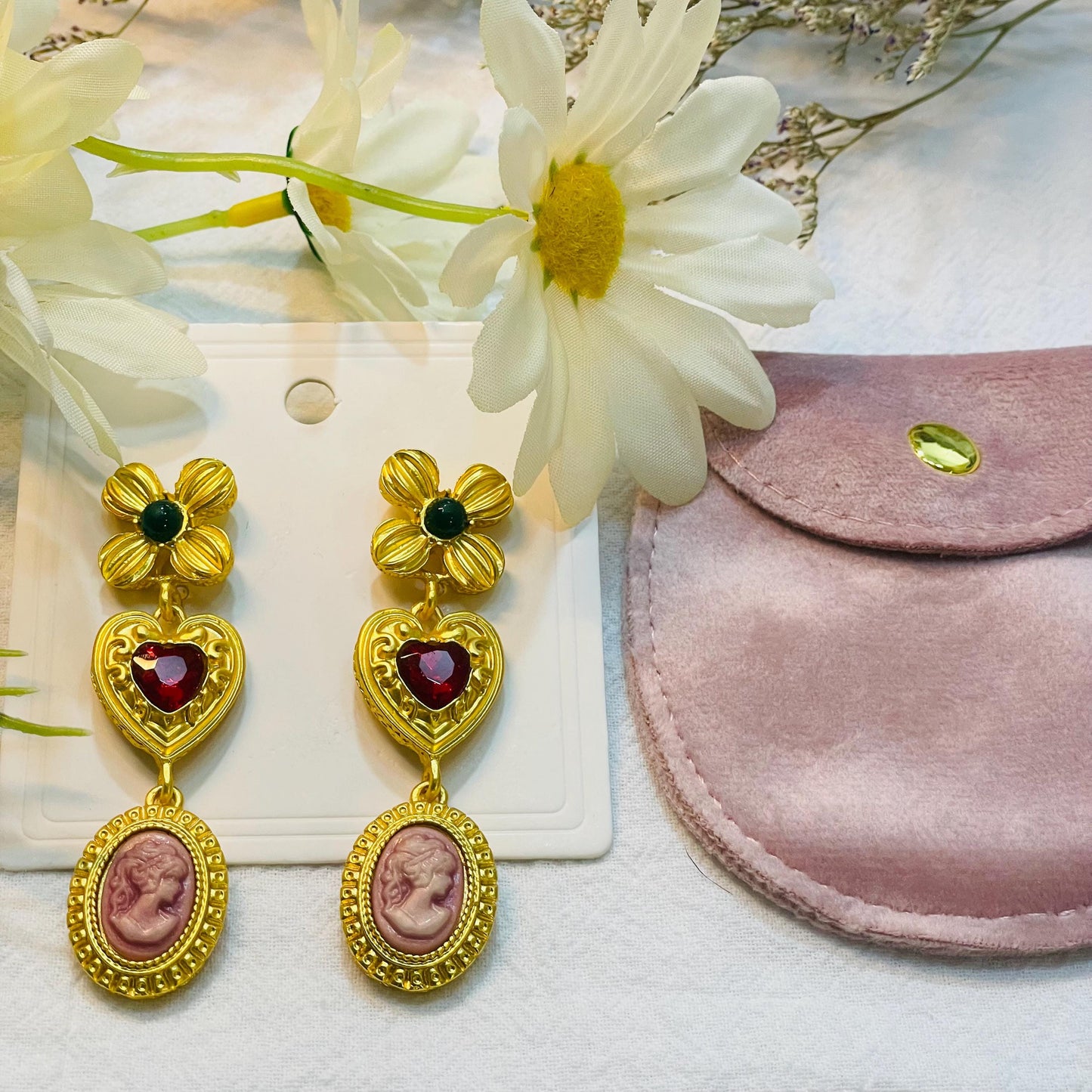 Medieval Flower dangle Studded Heart-shaped Earrings, Retro Exaggerated Red Heart Earring, Flower Earring Floral Earrings Pink Cameo Charms