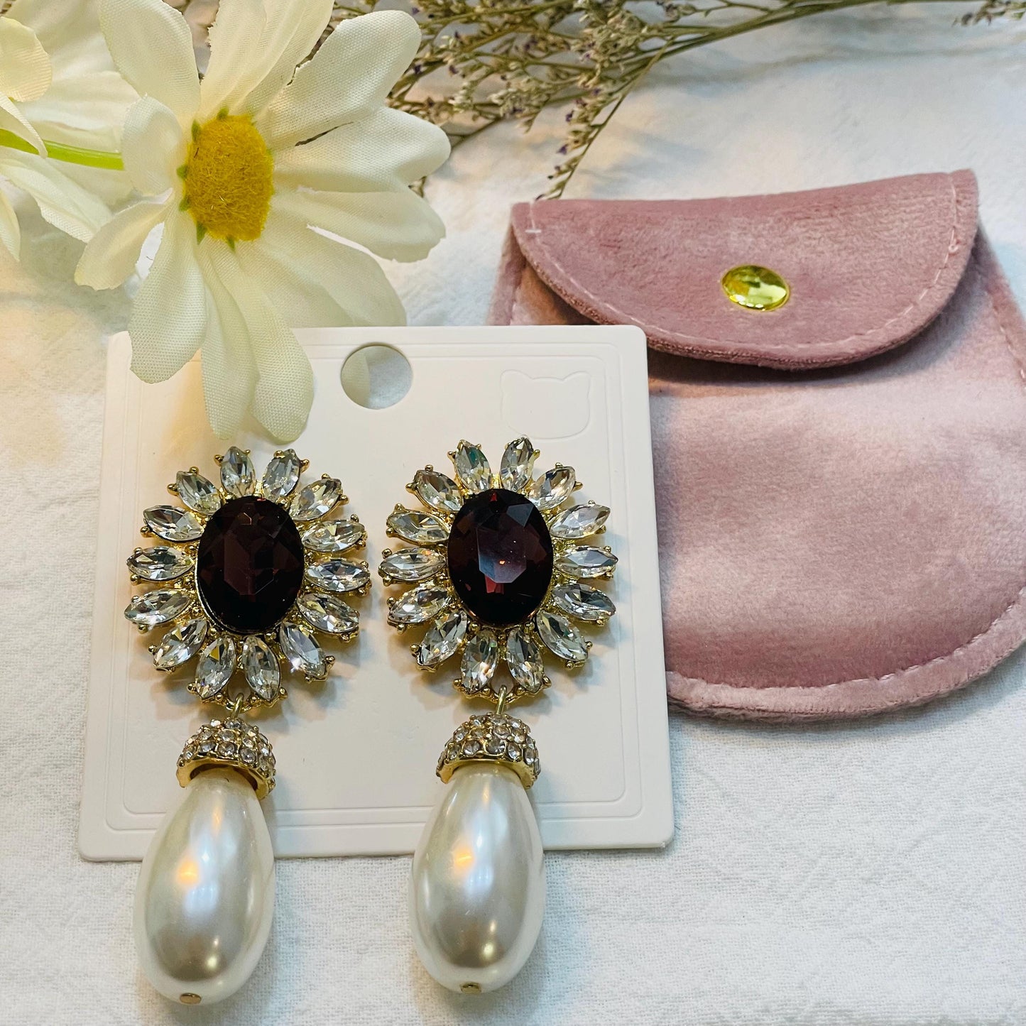 Glamorous Pearl Drop Earrings with Burgundy Stone, Vintage-Inspired Floral Design, Elegant dangle Jewelry for Women, Perfect Gift for her