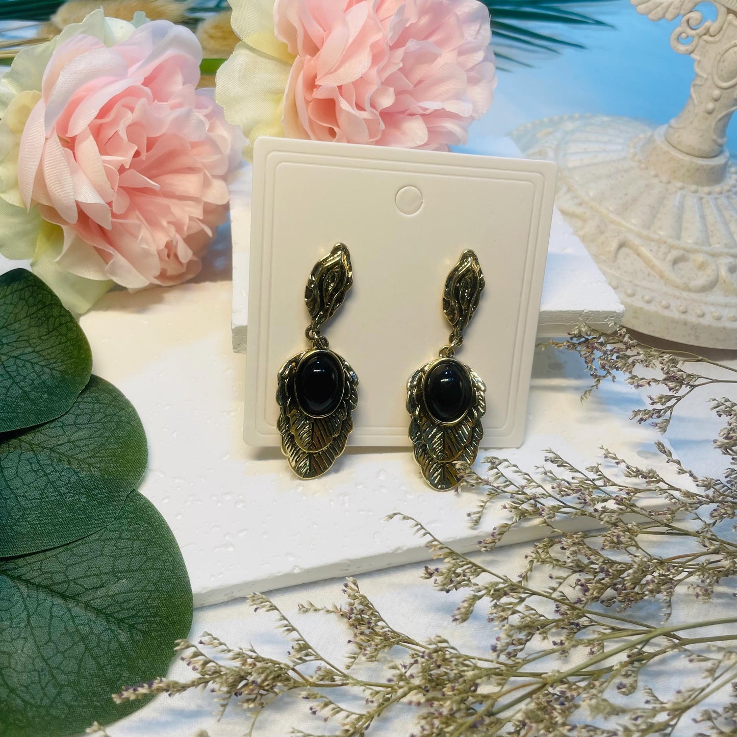Gothic Black Stone Leaf Earrings, Nature Inspired Drop Earrings, round Onyx marquise black rutilated quartz Moissanite Dangle Earrings gift