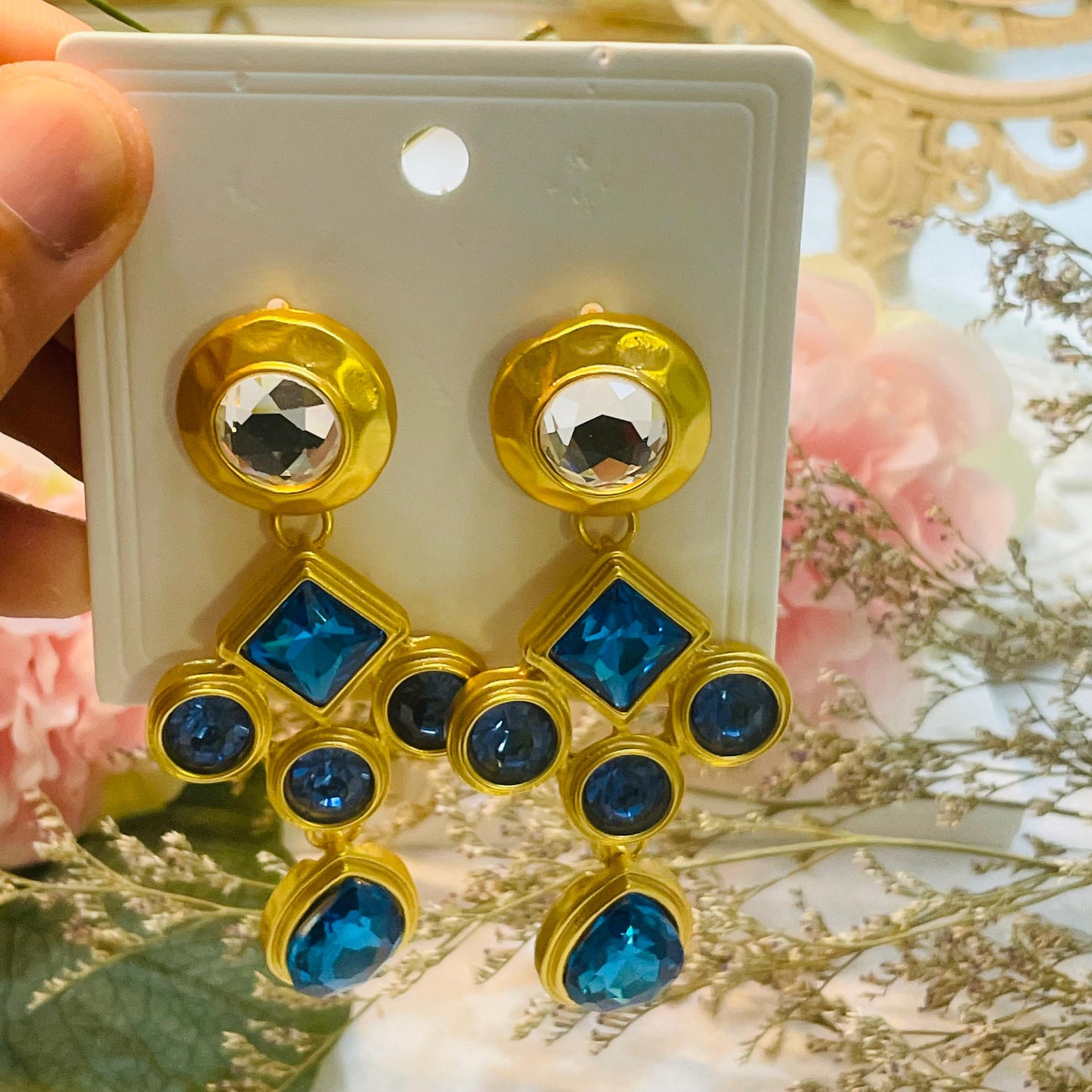 Elegant Gold and Blue Rhinestone Drop Earrings, Statement Jewelry, Retro Gold Tone Dangle Earrings with Blue and Clear Crystal earrings gift