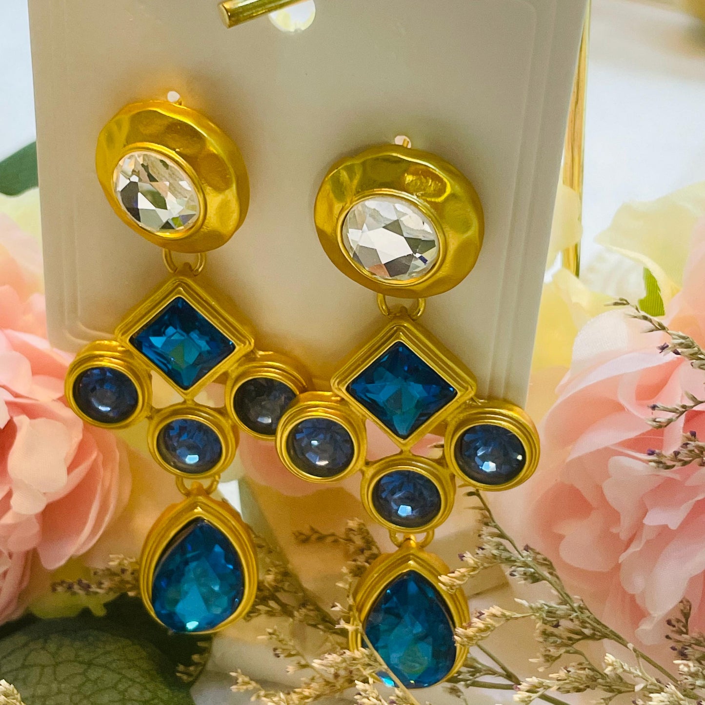 Elegant Gold and Blue Rhinestone Drop Earrings, Statement Jewelry, Retro Gold Tone Dangle Earrings with Blue and Clear Crystal earrings gift