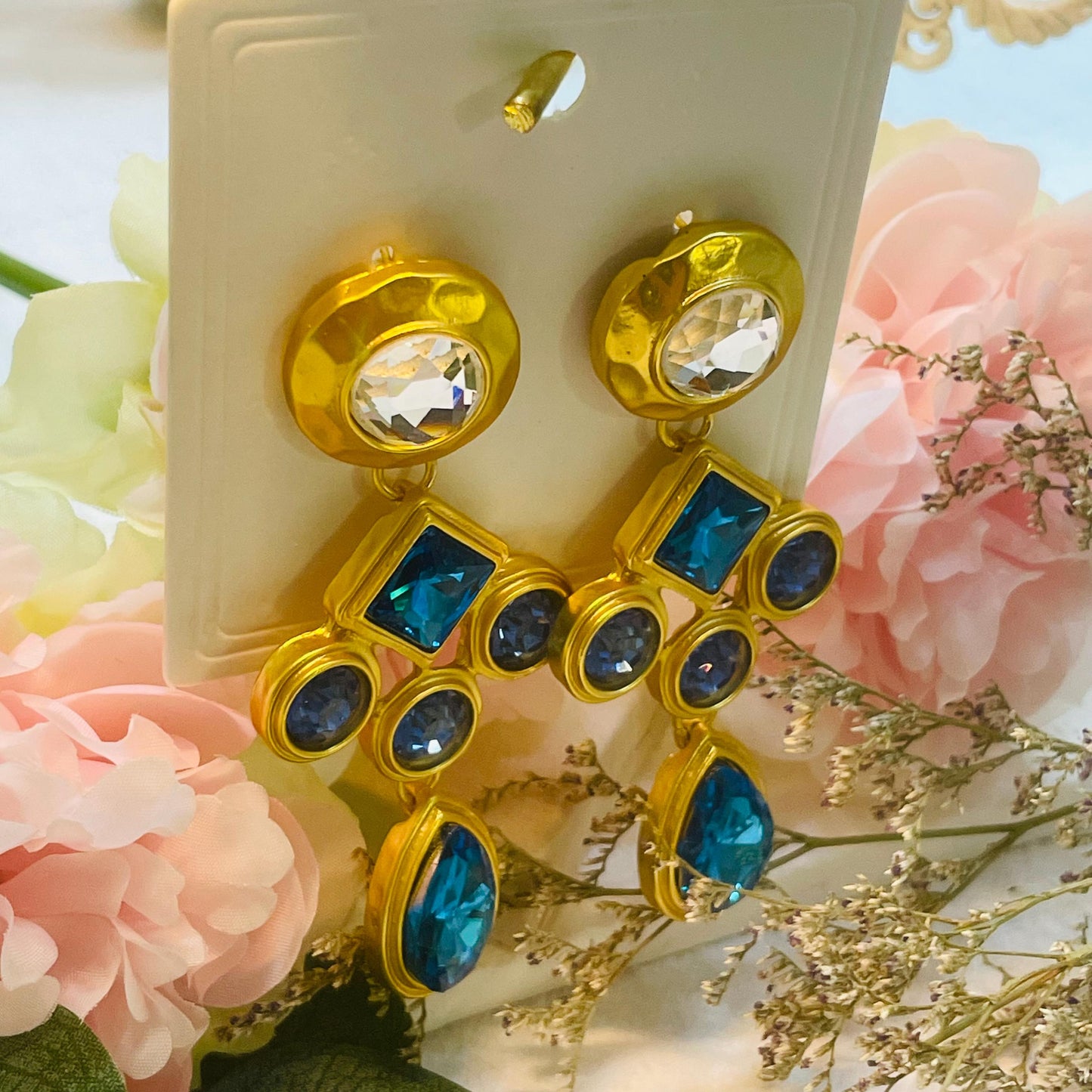 Elegant Gold and Blue Rhinestone Drop Earrings, Statement Jewelry, Retro Gold Tone Dangle Earrings with Blue and Clear Crystal earrings gift