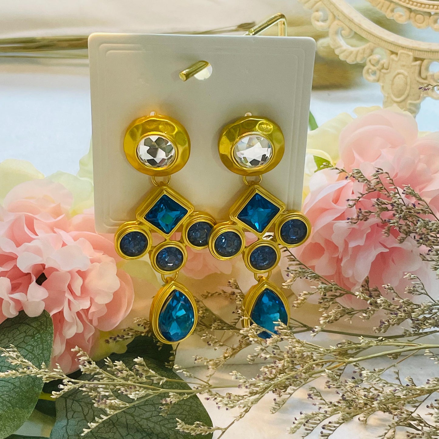 Elegant Gold and Blue Rhinestone Drop Earrings, Statement Jewelry, Retro Gold Tone Dangle Earrings with Blue and Clear Crystal earrings gift