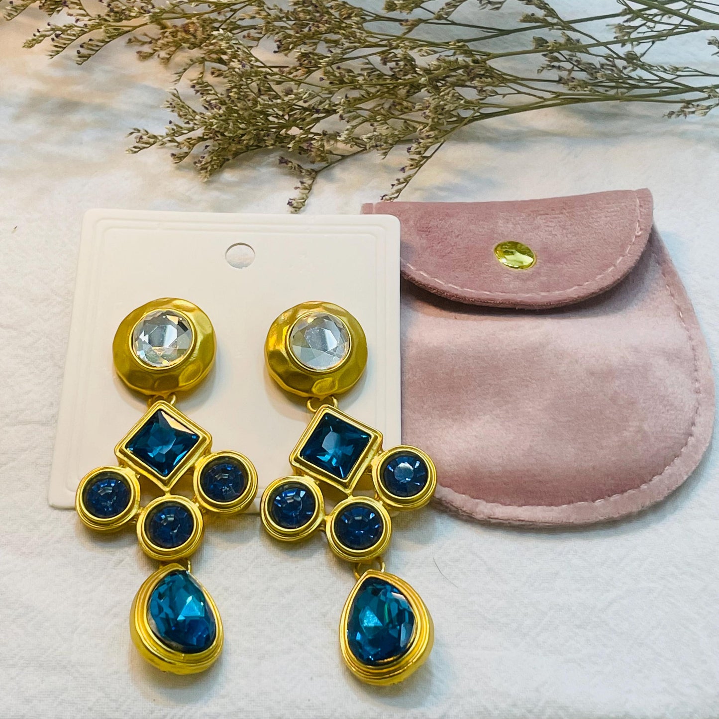Elegant Gold and Blue Rhinestone Drop Earrings, Statement Jewelry, Retro Gold Tone Dangle Earrings with Blue and Clear Crystal earrings gift
