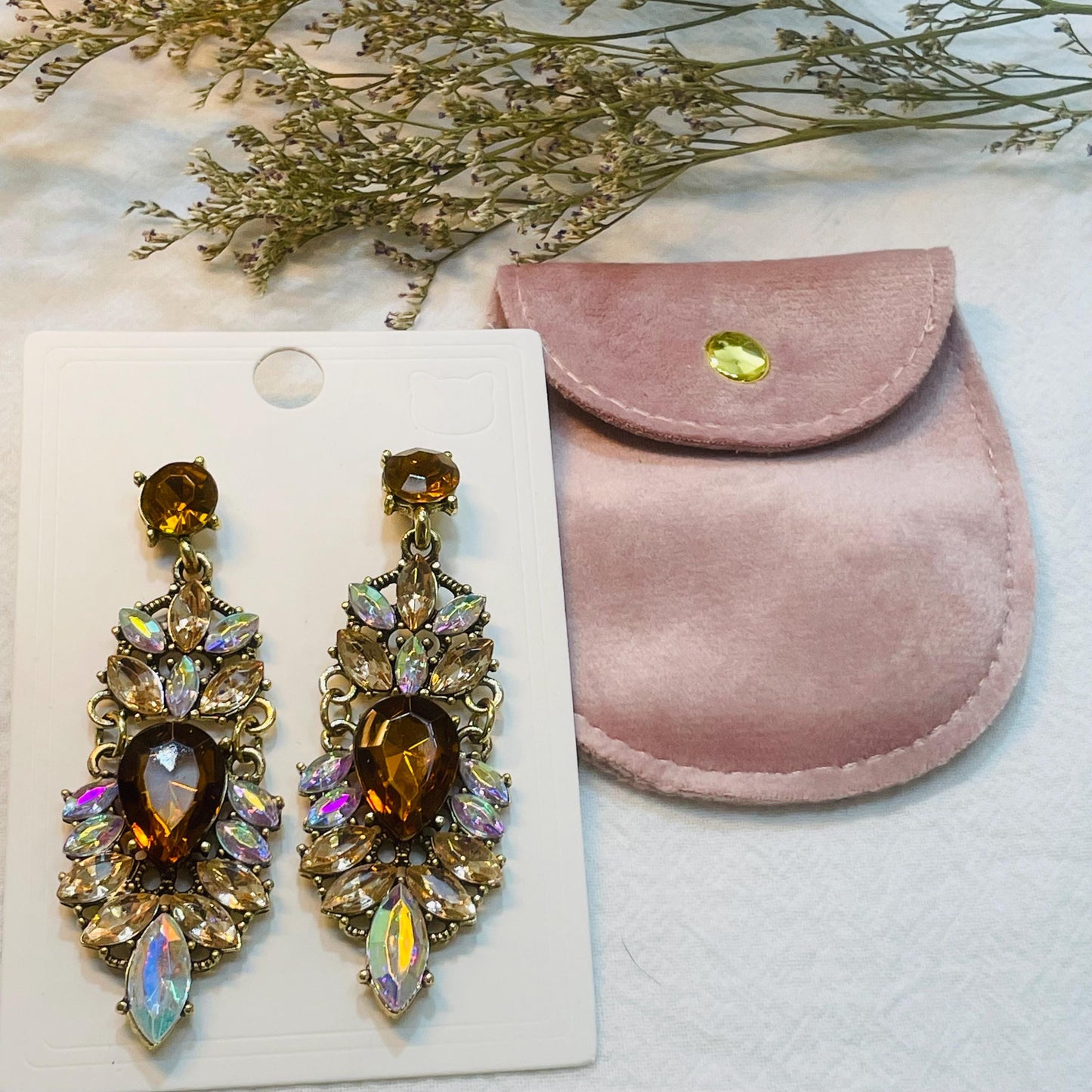Vintage long Gold Rhinestone Drop Earrings, Elegant Crystal Dangle Earrings, Gold Tone Statement Earrings with Brown and colourful Stones