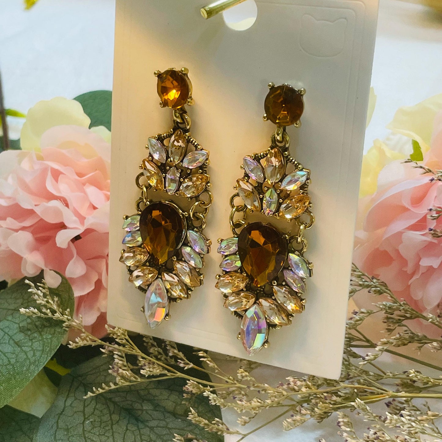 Vintage long Gold Rhinestone Drop Earrings, Elegant Crystal Dangle Earrings, Gold Tone Statement Earrings with Brown and colourful Stones