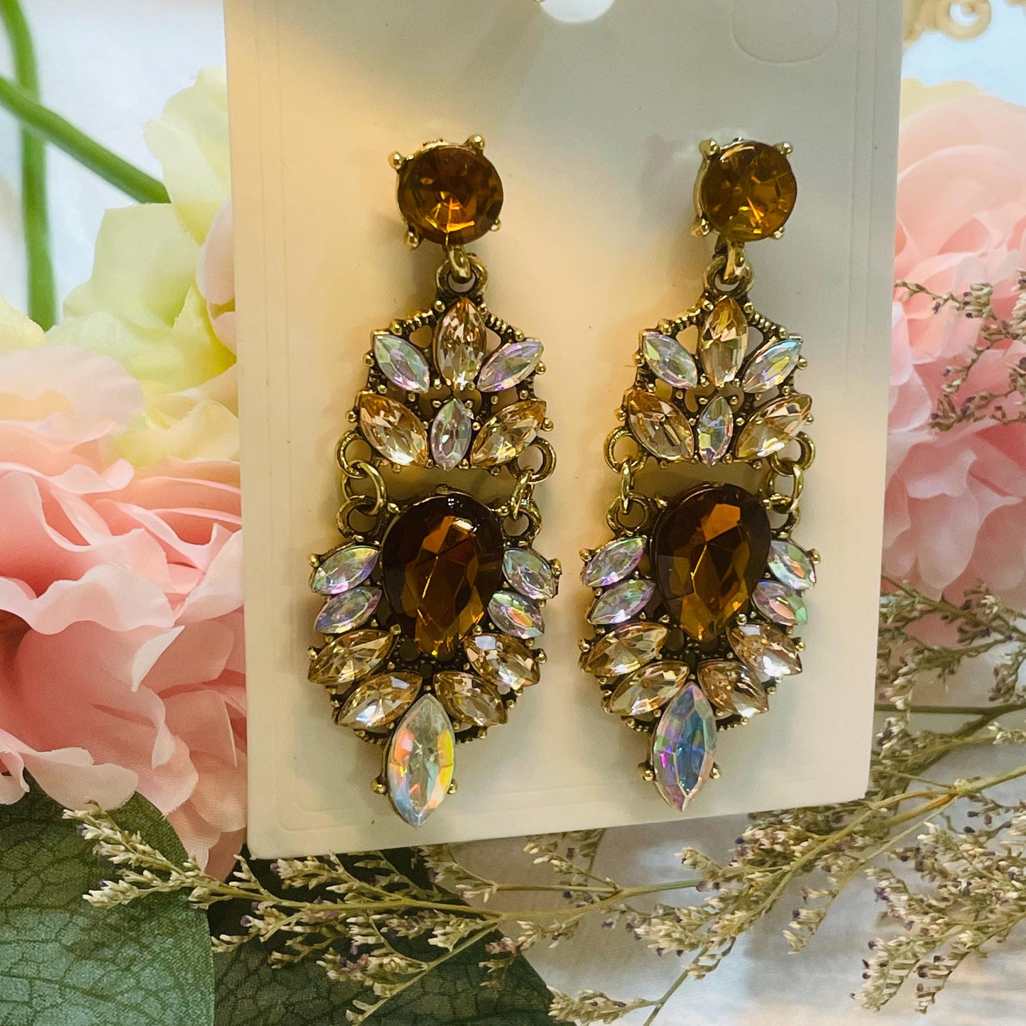 Vintage long Gold Rhinestone Drop Earrings, Elegant Crystal Dangle Earrings, Gold Tone Statement Earrings with Brown and colourful Stones