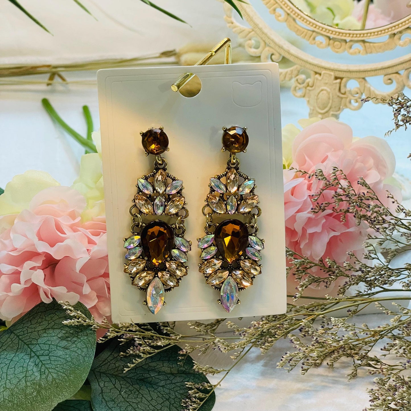 Vintage long Gold Rhinestone Drop Earrings, Elegant Crystal Dangle Earrings, Gold Tone Statement Earrings with Brown and colourful Stones