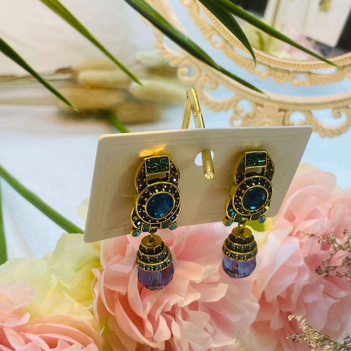 Vintage Clip on Gold tone Blue Crystal Drop Earrings, Elegant Blue Rhinestone Design, Gold Pearl Dangle Earrings Statement Jewelry Gifts