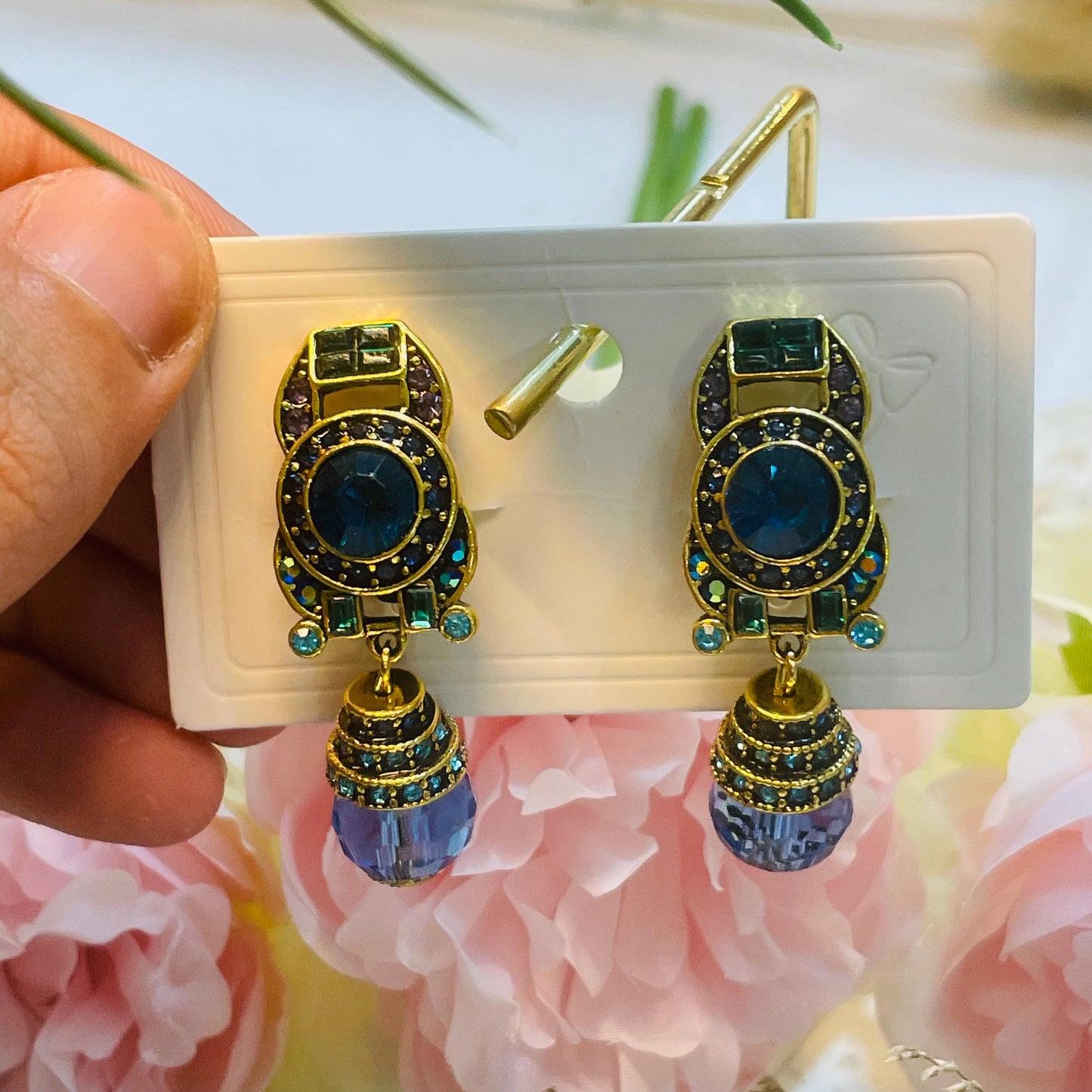 Vintage Clip on Gold tone Blue Crystal Drop Earrings, Elegant Blue Rhinestone Design, Gold Pearl Dangle Earrings Statement Jewelry Gifts