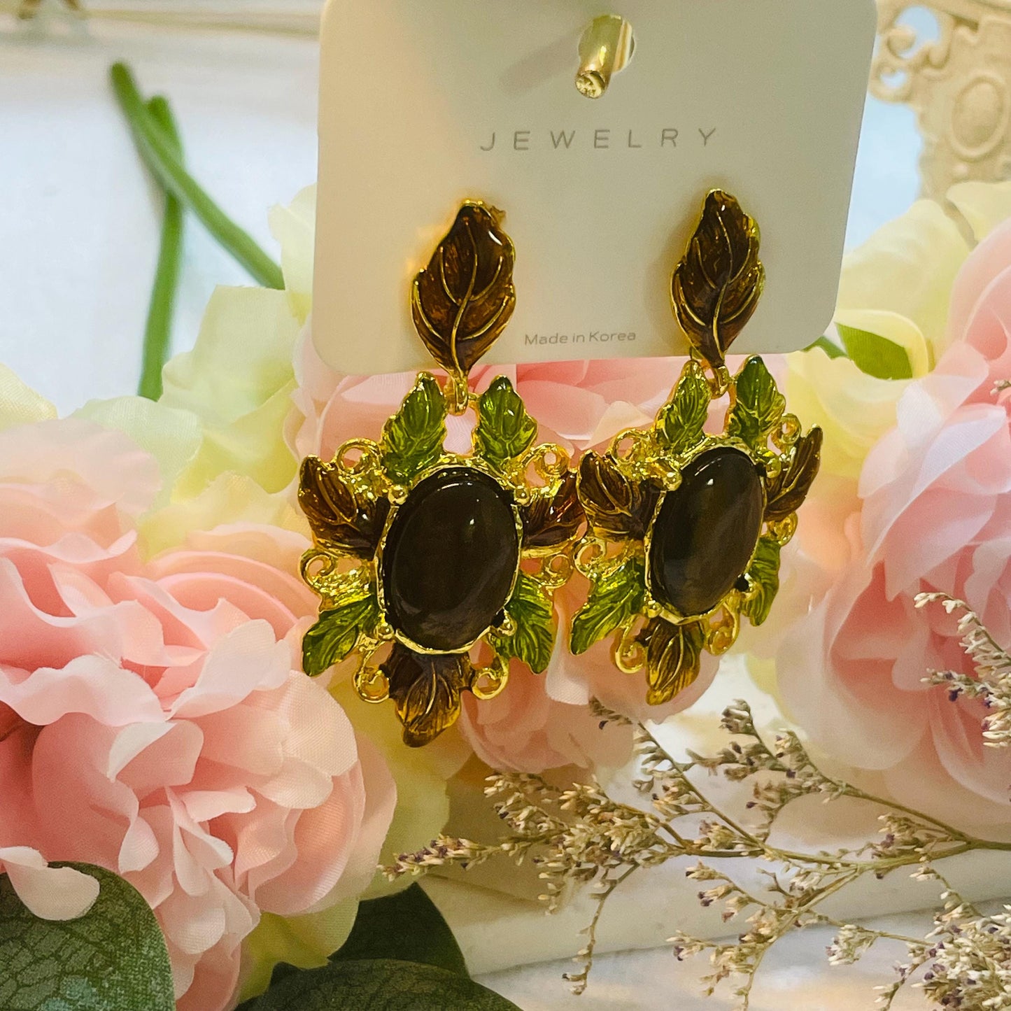 Elegant Tigers eye Floral drop Earrings, Gold Tone Statement drop Earrings Vintage Flower Earrings, Brown stone dangle Earrings Gift for Her