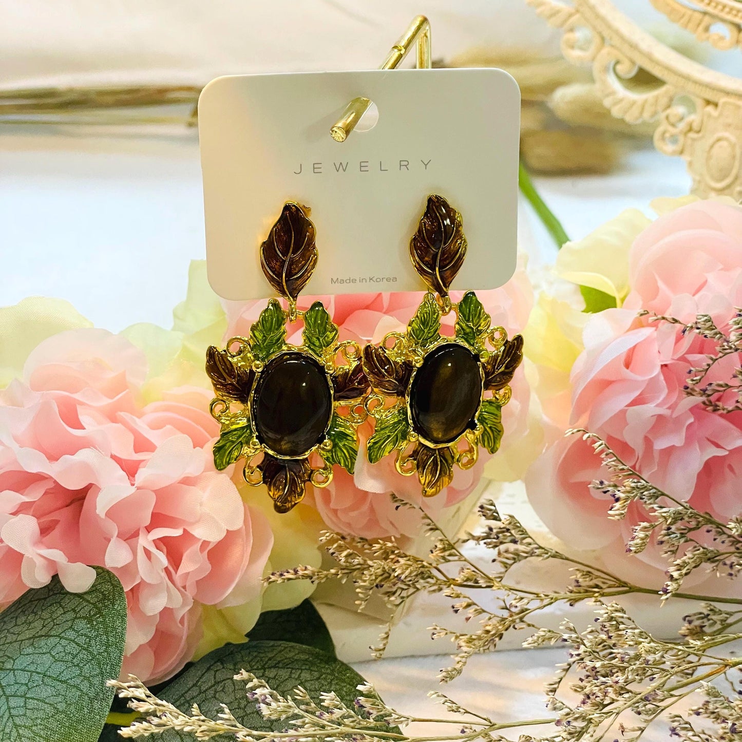 Elegant Tigers eye Floral drop Earrings, Gold Tone Statement drop Earrings Vintage Flower Earrings, Brown stone dangle Earrings Gift for Her