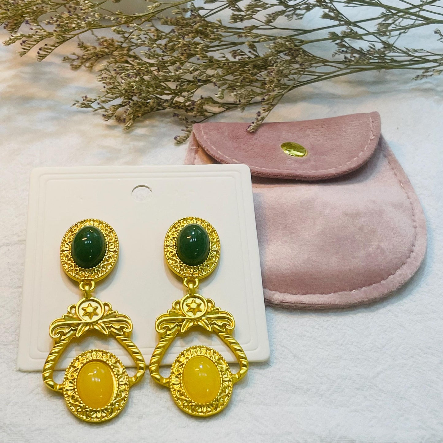 Elegant Gold Drop Earrings with Oval Green and Orange Gemstones, Intricate Statement Jewelry, Perfect Gift, Gold Dangle Earrings for Her