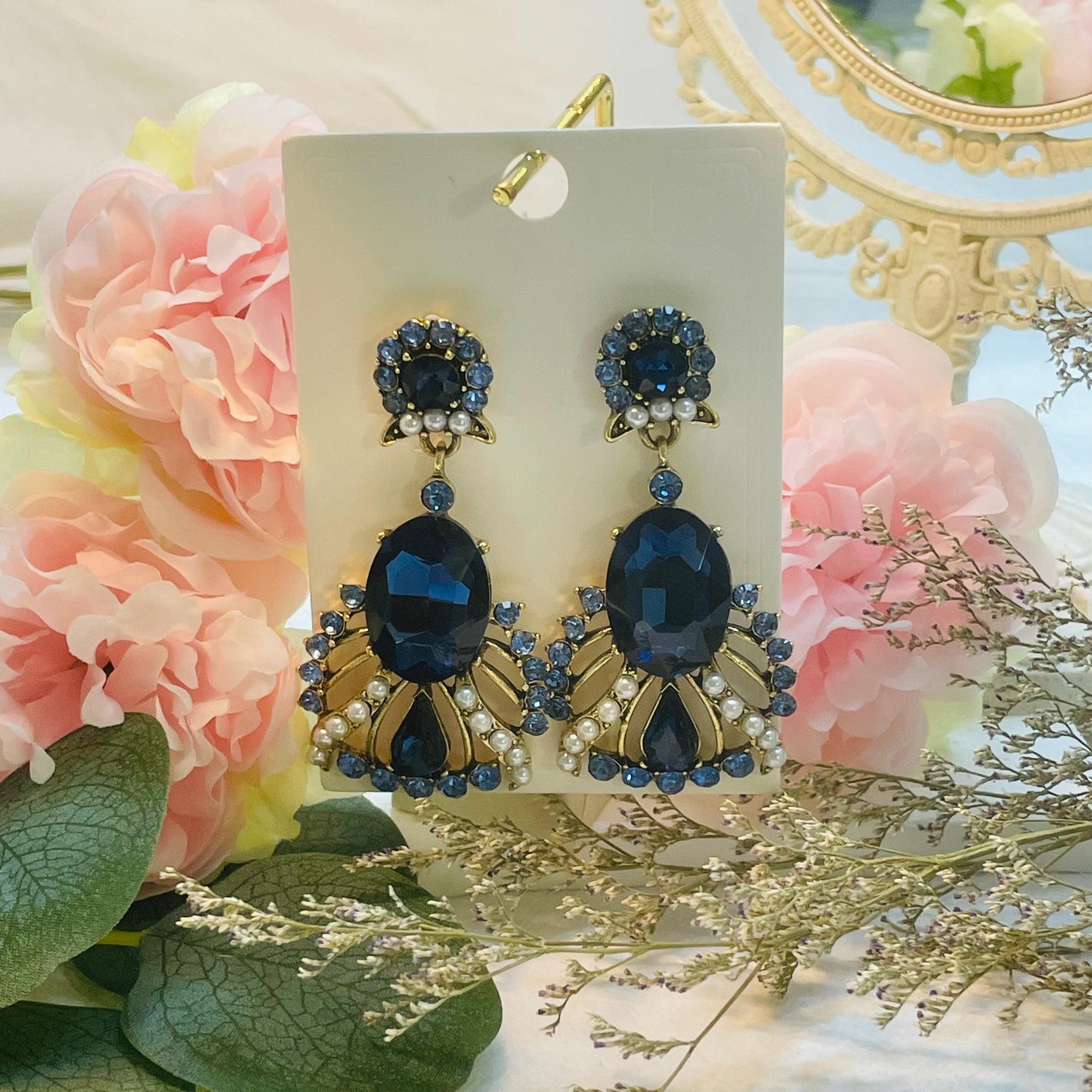 Elegant Blue Crystal Rhinestones Drop Earrings, Gold tone Pearl Statement Dangle Earrings, Gold Tone Pearl Dangle Earrings, Gift for Her