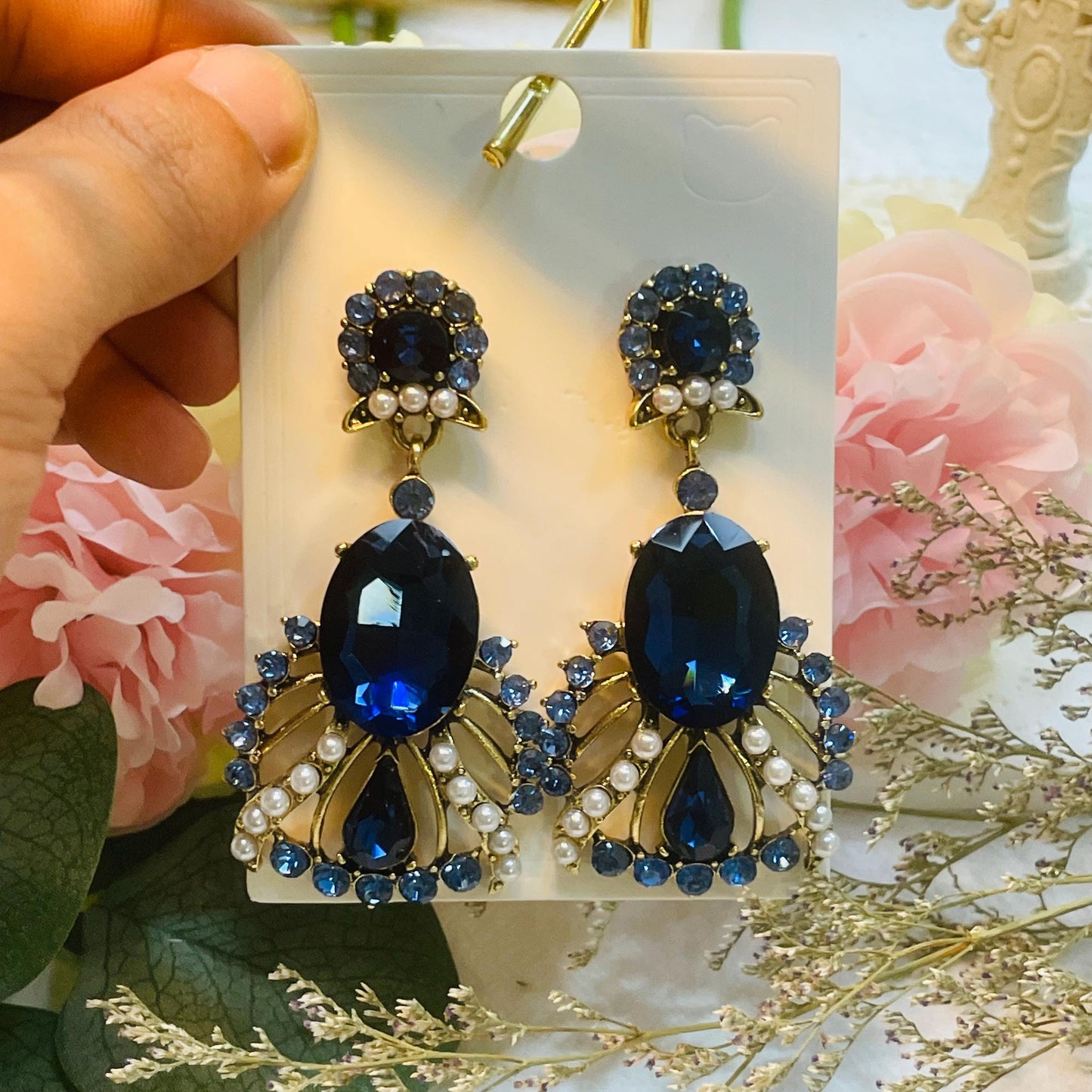 Elegant Blue Crystal Rhinestones Drop Earrings, Gold tone Pearl Statement Dangle Earrings, Gold Tone Pearl Dangle Earrings, Gift for Her