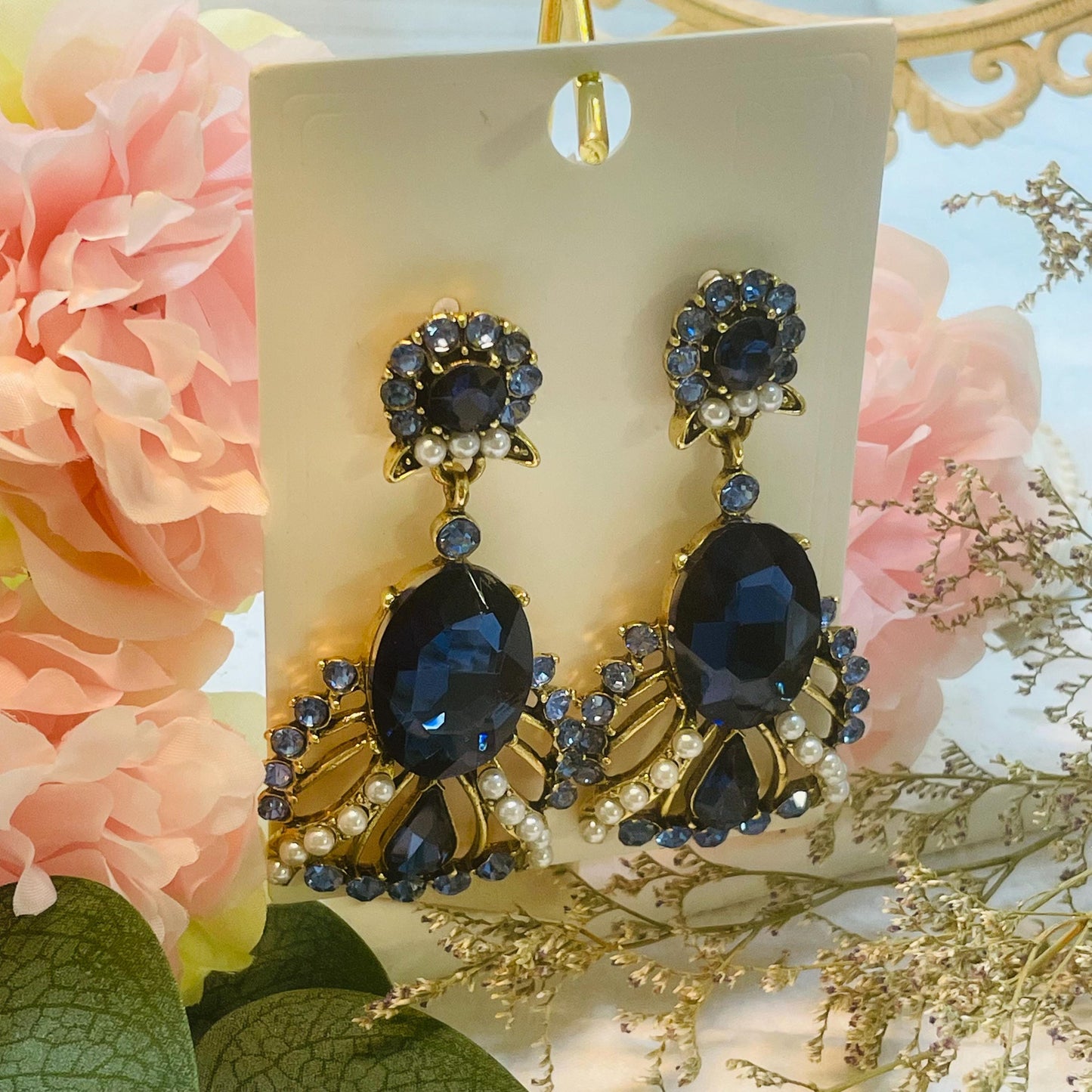 Elegant Blue Crystal Rhinestones Drop Earrings, Gold tone Pearl Statement Dangle Earrings, Gold Tone Pearl Dangle Earrings, Gift for Her
