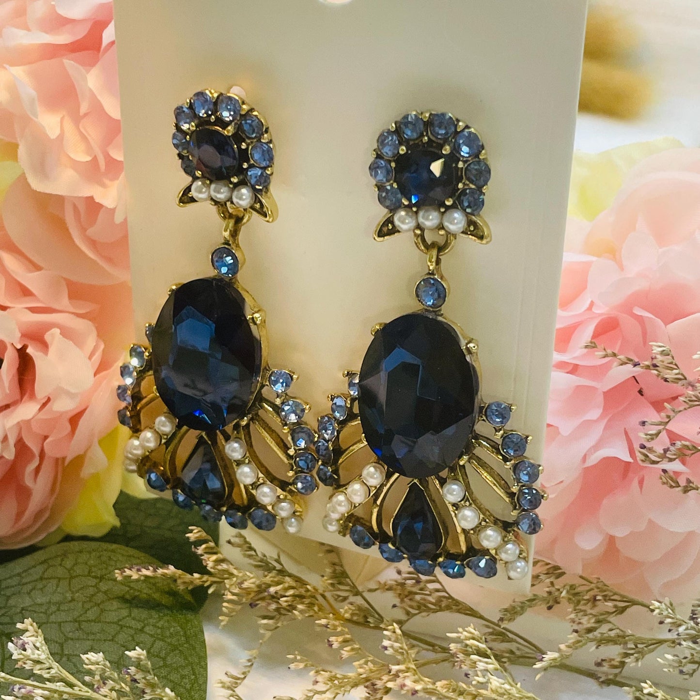 Elegant Blue Crystal Rhinestones Drop Earrings, Gold tone Pearl Statement Dangle Earrings, Gold Tone Pearl Dangle Earrings, Gift for Her