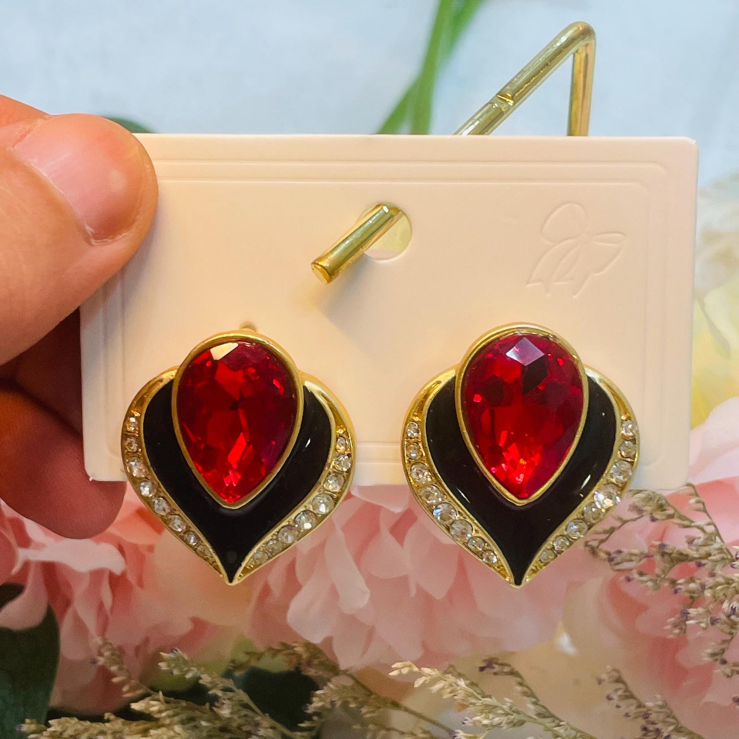Elegant Red Crystal Stud Earrings, Gold Tone Rhinestone Heart Design, Red Droplet Crystal Stud Earrings, Statement Gold Heart Stud Earrings
