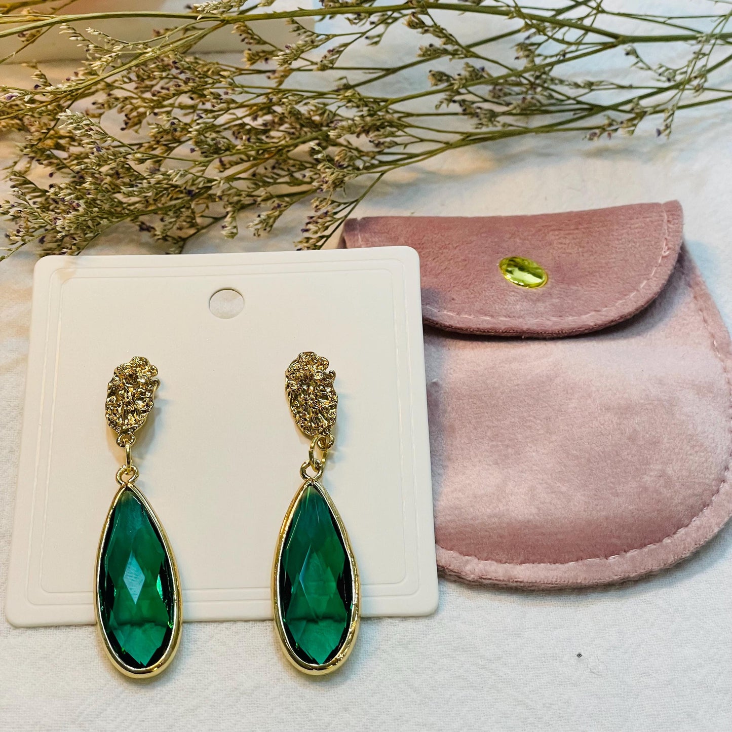 Elegant Green Crystal Drop Earrings, Gold Tone Statement Jewelry, Tear droplet Crystal Dangle Earrings Gift for Her green stone earrings