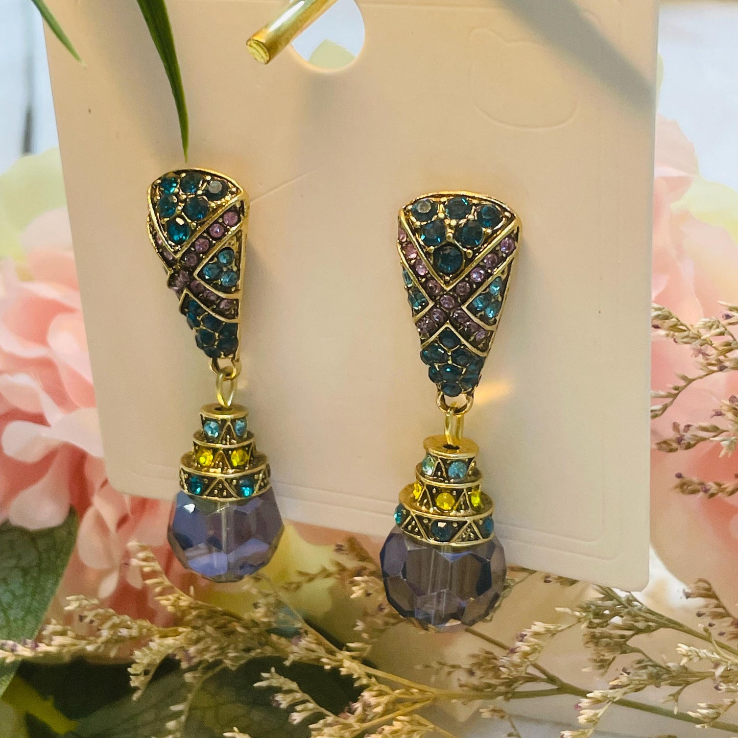 Elegant Gold Tone Drop Earrings with Blue and Yellow Rhinestones, Vintage Crystal Dangle Earrings, Statement Jewelry, Perfect Gift for Her