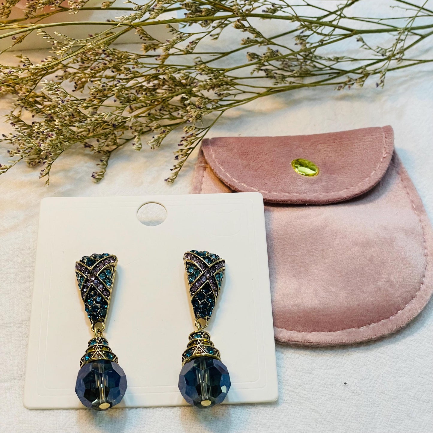 Elegant Gold Tone Drop Earrings with Blue and Yellow Rhinestones, Vintage Crystal Dangle Earrings, Statement Jewelry, Perfect Gift for Her