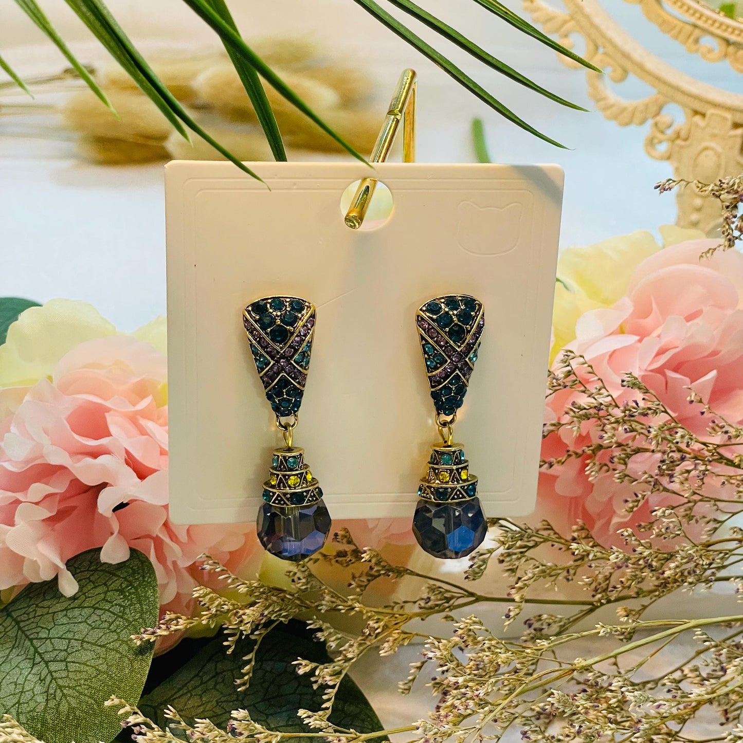 Elegant Gold Tone Drop Earrings with Blue and Yellow Rhinestones, Vintage Crystal Dangle Earrings, Statement Jewelry, Perfect Gift for Her