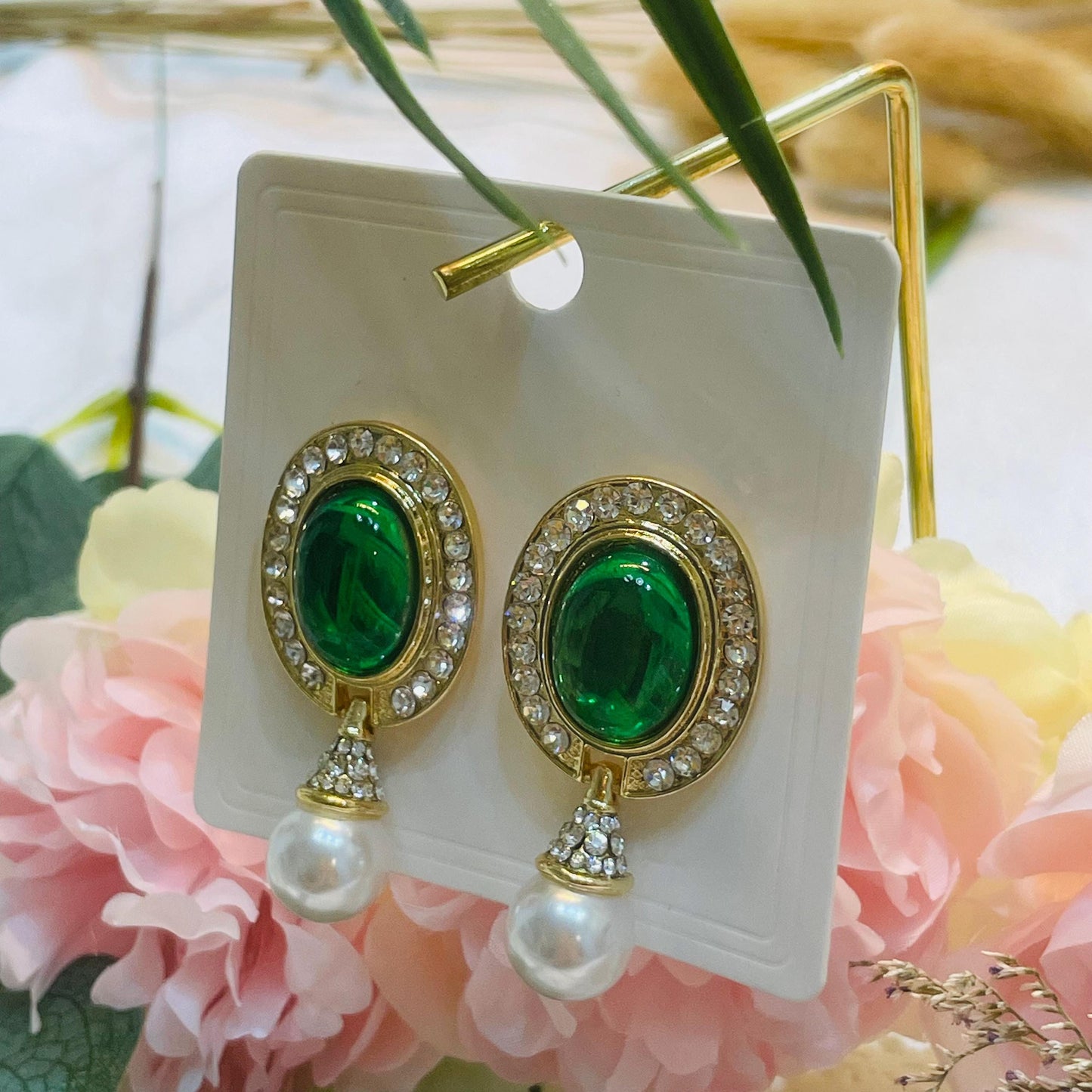 Elegant Gold tone Pearl Drop Earrings, Oval Green Crystal Dangle Earrings, Rhinestone and Pearl Statement Earrings, Perfect Gift for Her