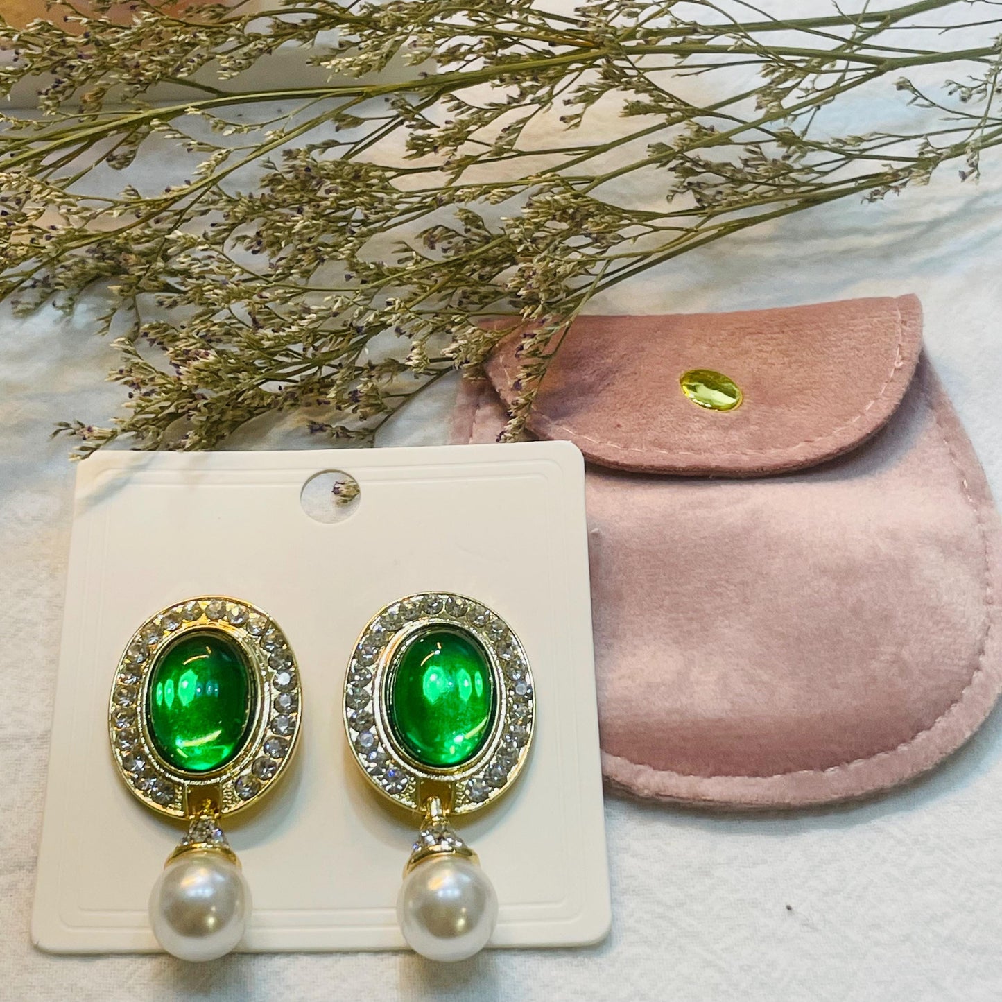 Elegant Gold tone Pearl Drop Earrings, Oval Green Crystal Dangle Earrings, Rhinestone and Pearl Statement Earrings, Perfect Gift for Her