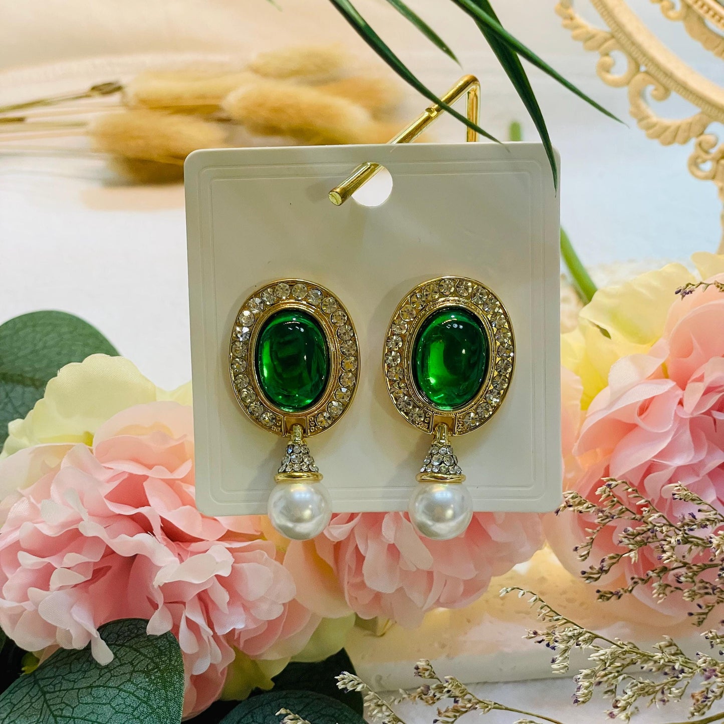 Elegant Gold tone Pearl Drop Earrings, Oval Green Crystal Dangle Earrings, Rhinestone and Pearl Statement Earrings, Perfect Gift for Her