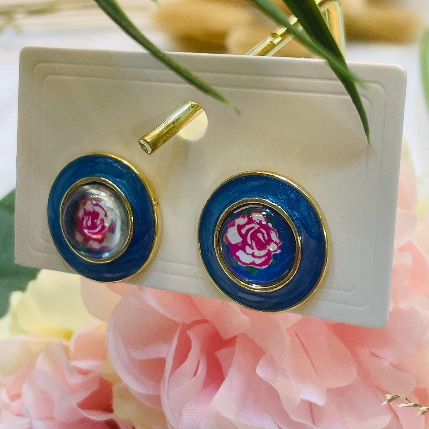 Elegant Blue Enamel Rose Stud Earrings, retro Floral studs, Gold Tone Statement Earrings, Perfect Gift for Her, Unique Flower Stud Earrings