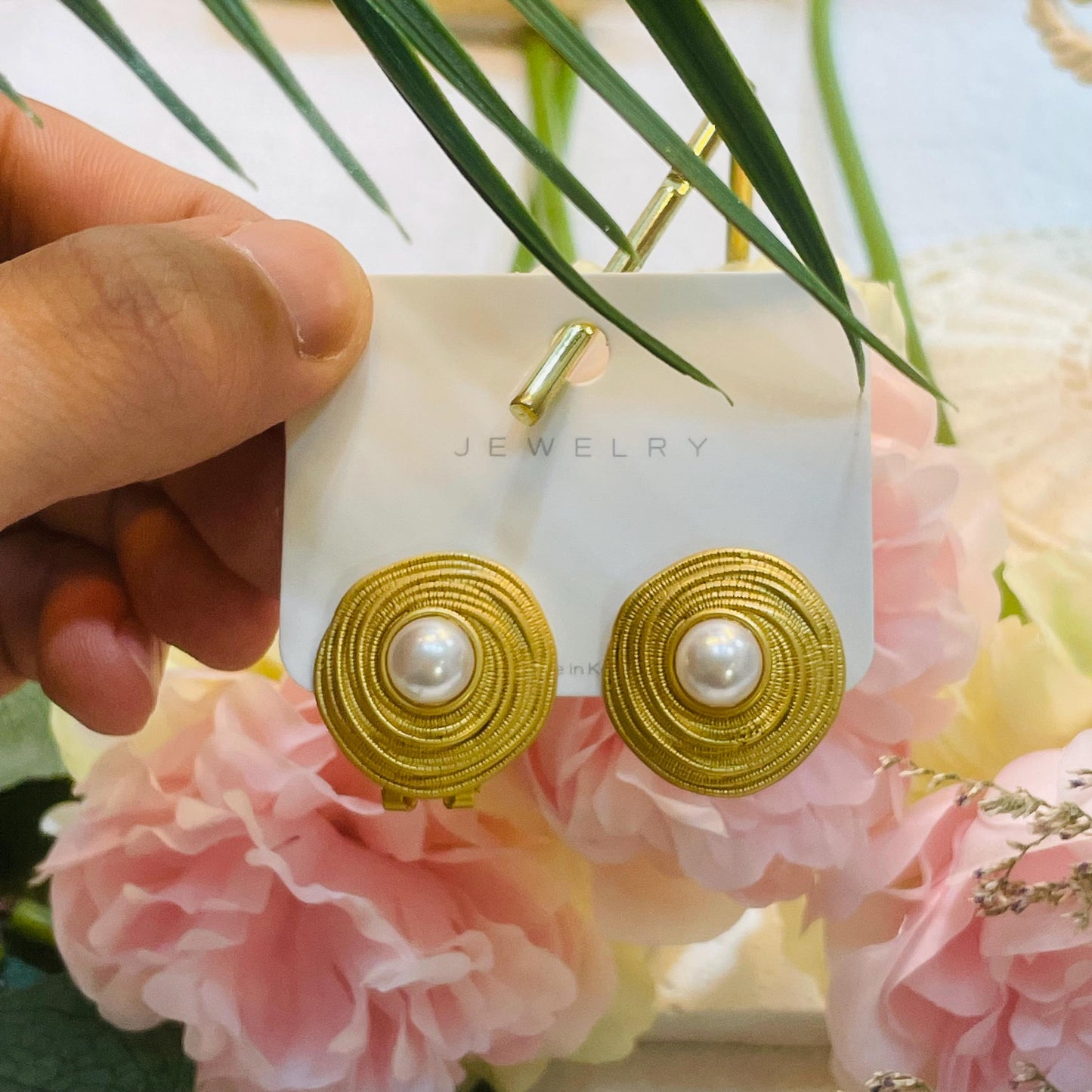 Elegant Gold tone Pearl Clip-On Earrings, Round Pearl Center, Gold Tone Statement Earrings, Timeless Clip-On Jewelry, Perfect Gift for Her