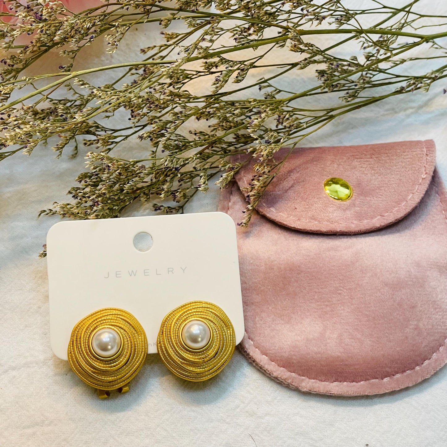 Elegant Gold tone Pearl Clip-On Earrings, Round Pearl Center, Gold Tone Statement Earrings, Timeless Clip-On Jewelry, Perfect Gift for Her