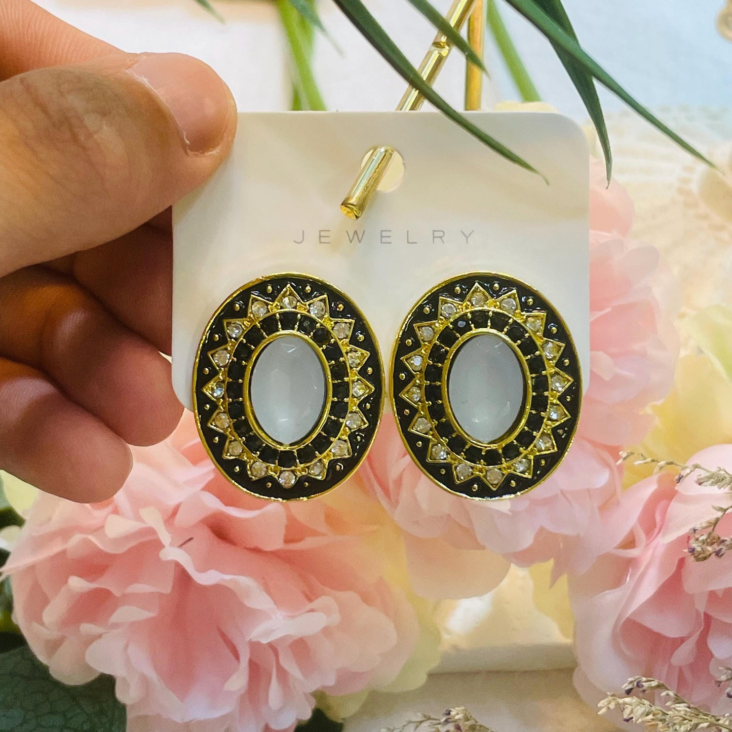 Vintage Black Enamel Gold tone Stud Earrings, Elegant Crystal Rhinestone Design, Black Enamel Stud Earrings Gold Tone Statement Jewelry Gift