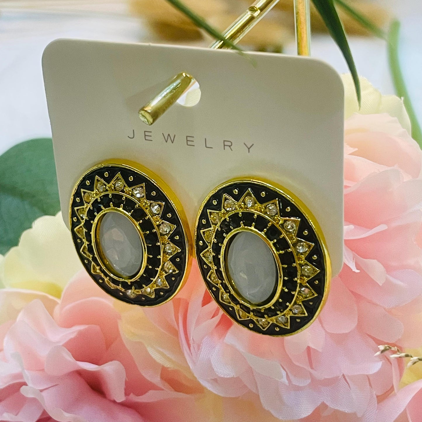 Vintage Black Enamel Gold tone Stud Earrings, Elegant Crystal Rhinestone Design, Black Enamel Stud Earrings Gold Tone Statement Jewelry Gift