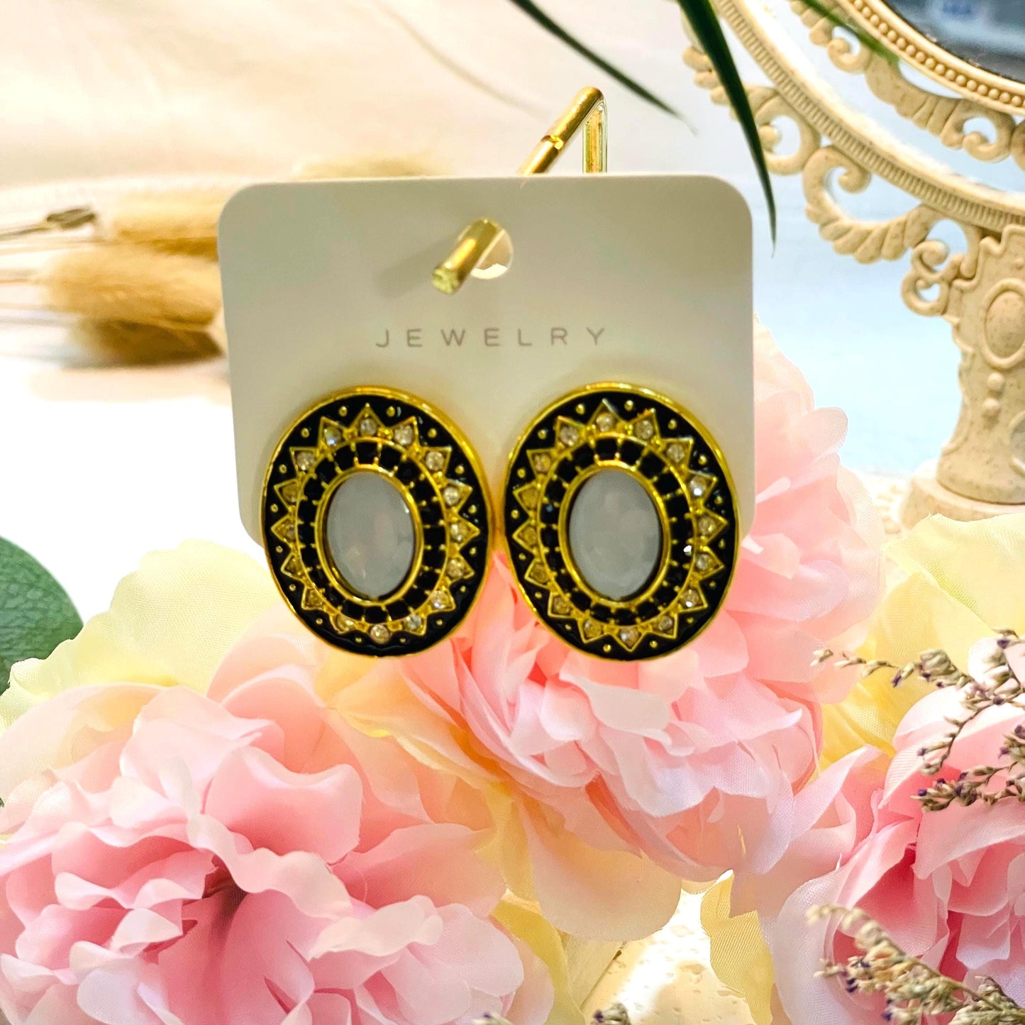 Vintage Black Enamel Gold tone Stud Earrings, Elegant Crystal Rhinestone Design, Black Enamel Stud Earrings Gold Tone Statement Jewelry Gift