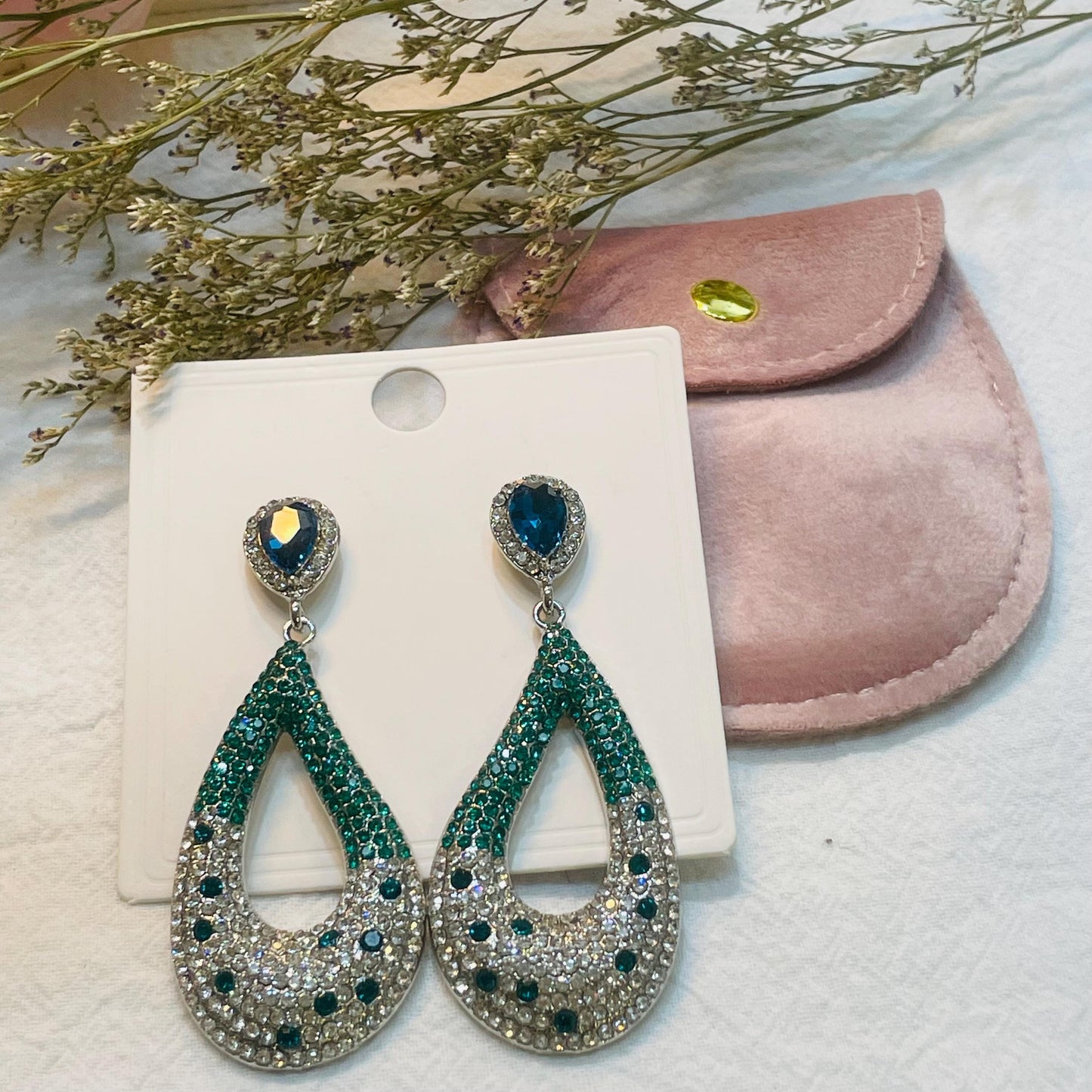 Elegant Teardrop Crystal Earrings, Sparkling Rhinestone Design, Teardrop Crystal Drop Earrings Green and Blue Statement Dangle Earrings Gift