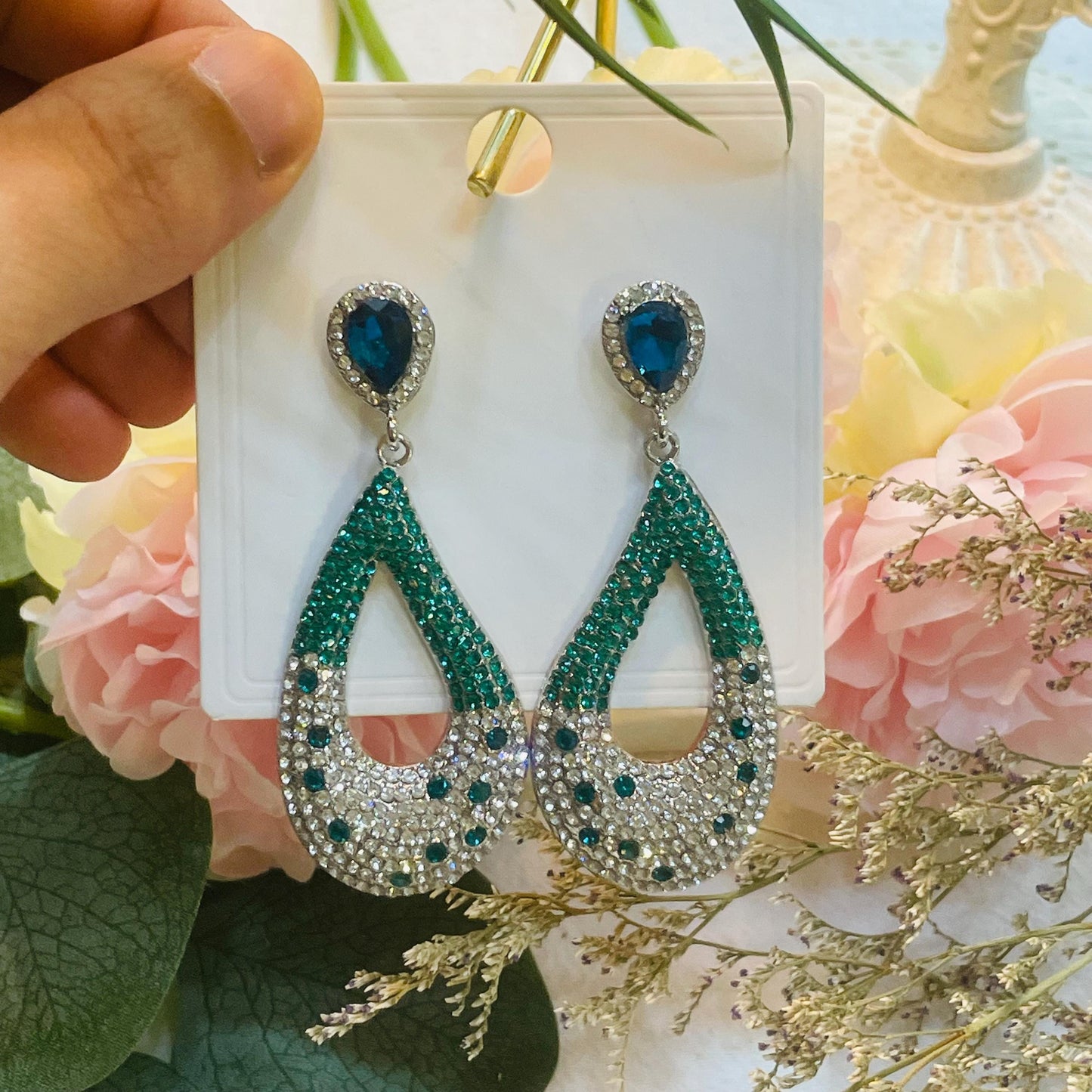 Elegant Teardrop Crystal Earrings, Sparkling Rhinestone Design, Teardrop Crystal Drop Earrings Green and Blue Statement Dangle Earrings Gift